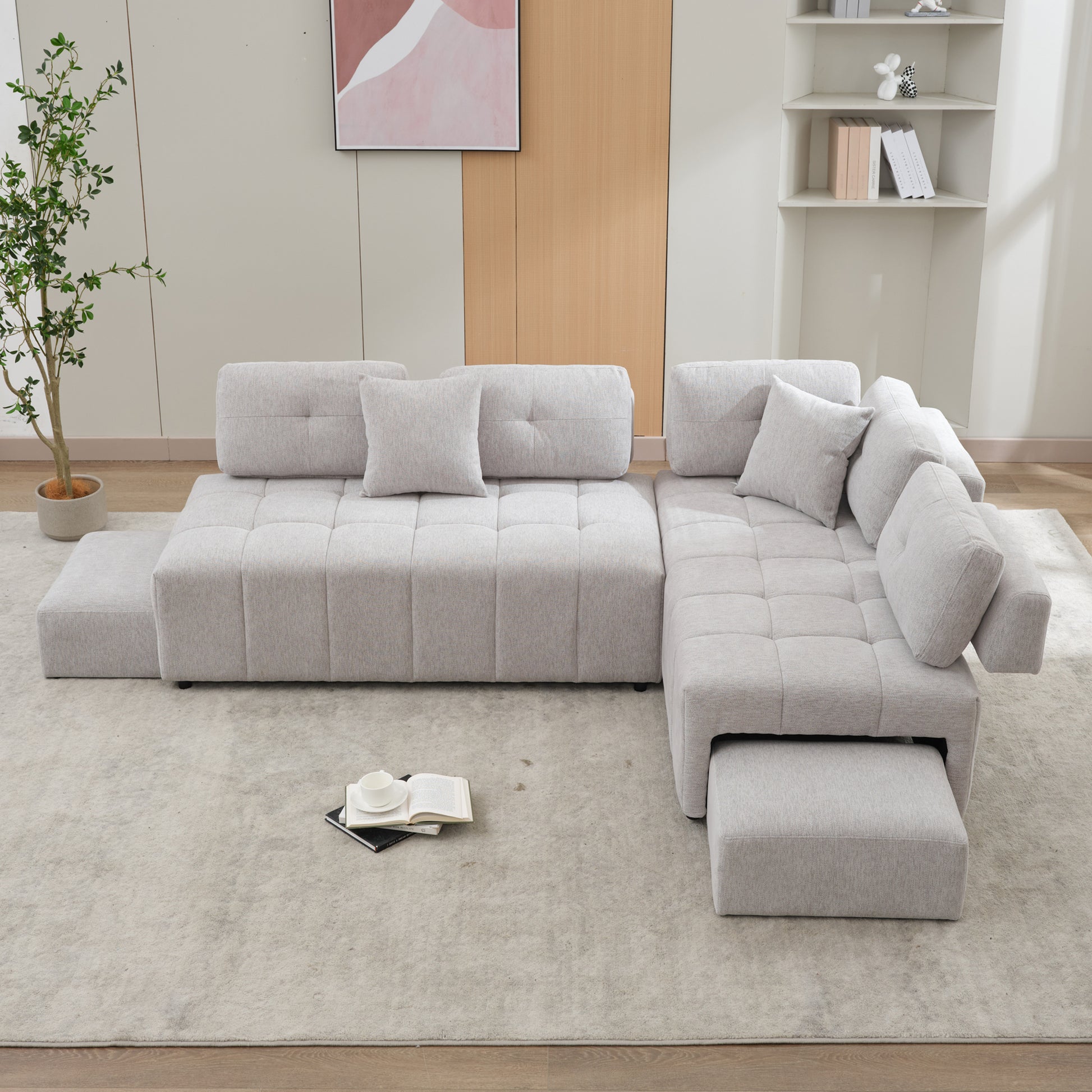 91.73" L Shaped Sofa Sectional Sofa Couch With 2 Stools And 2 Lumbar Pillows For Living Room, Light Grey Light Grey Chenille