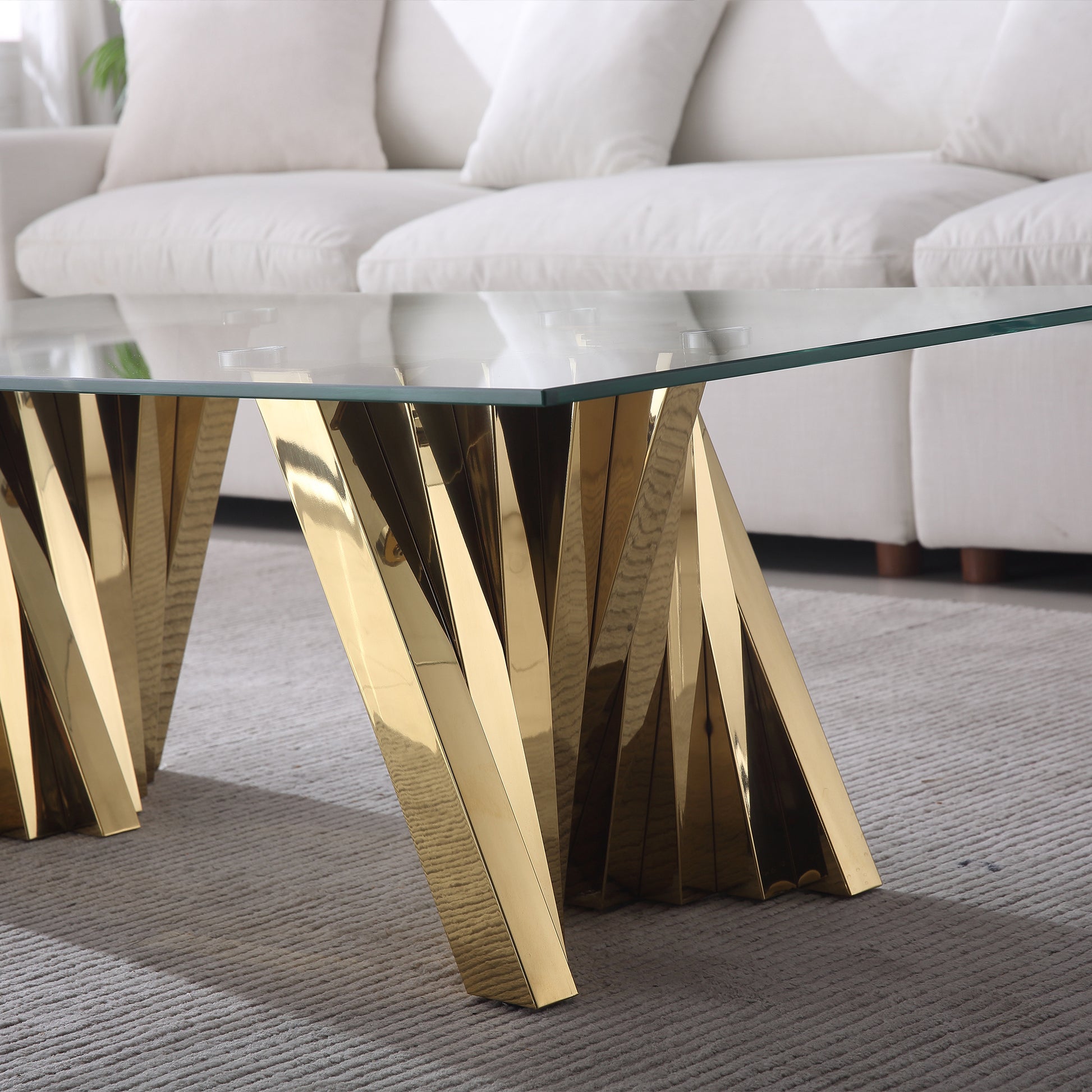 Tempered Glass Top Coffee Table With Gold Mirror Finish Stainless Steel Base Gold Tempered Glass