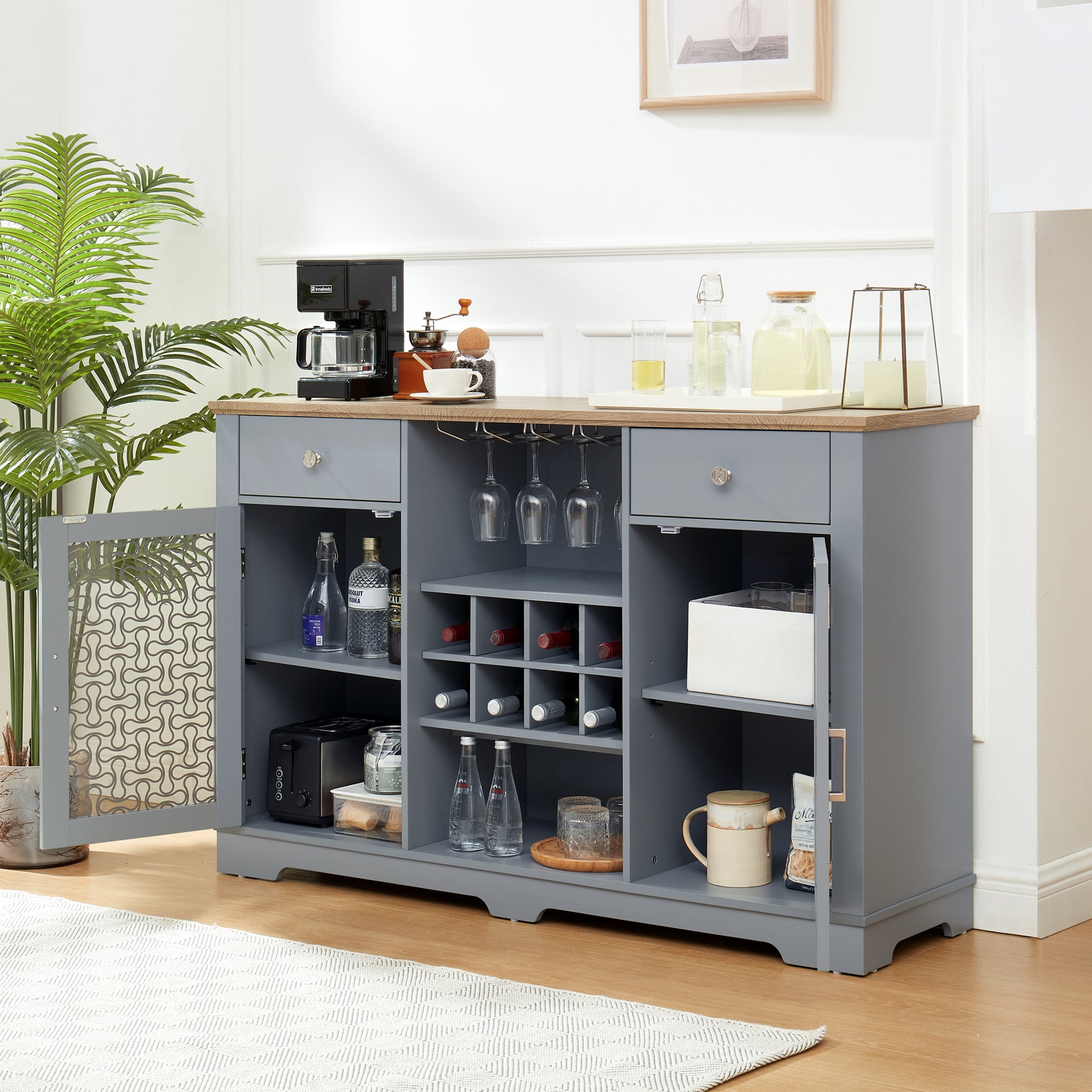 Modern Farmhouse Buffet Cabinet, Sideboard With 2 Drawers And Elegant Glass Door Cabinets, Wine And Glass Rack, Coffee Bar For Kitchen, Dining Room, Light Blue And Light Oak, 56.46"W*15.55"D*35.74"H Light Blue Mdf