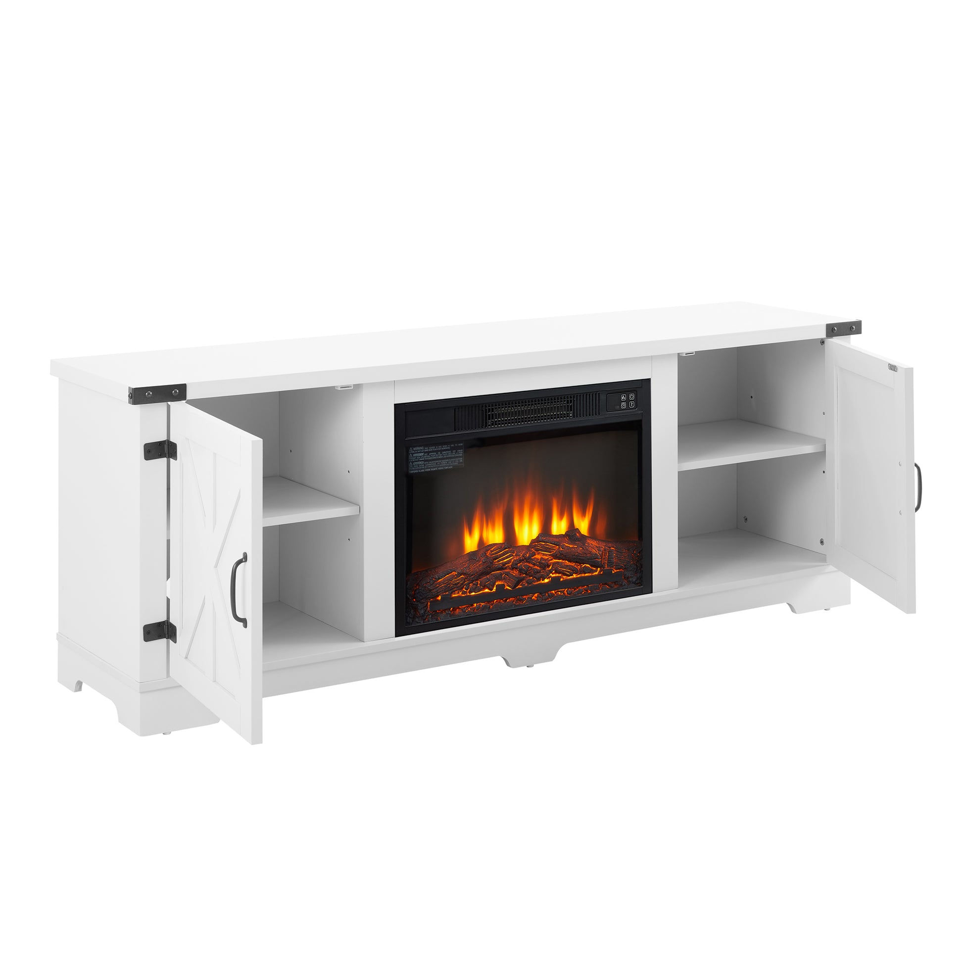 Modern Farmhouse Tv Media Stand, Large Barn Inspired Home Entertainment Console, With 23" Fireplace Insert, For Tv Up To 70'', With Open Shelves And Closed Cabinets, White, 64.8"W*15.67"D*24.29"H White 60 69 Inches 70 Inches Mdf