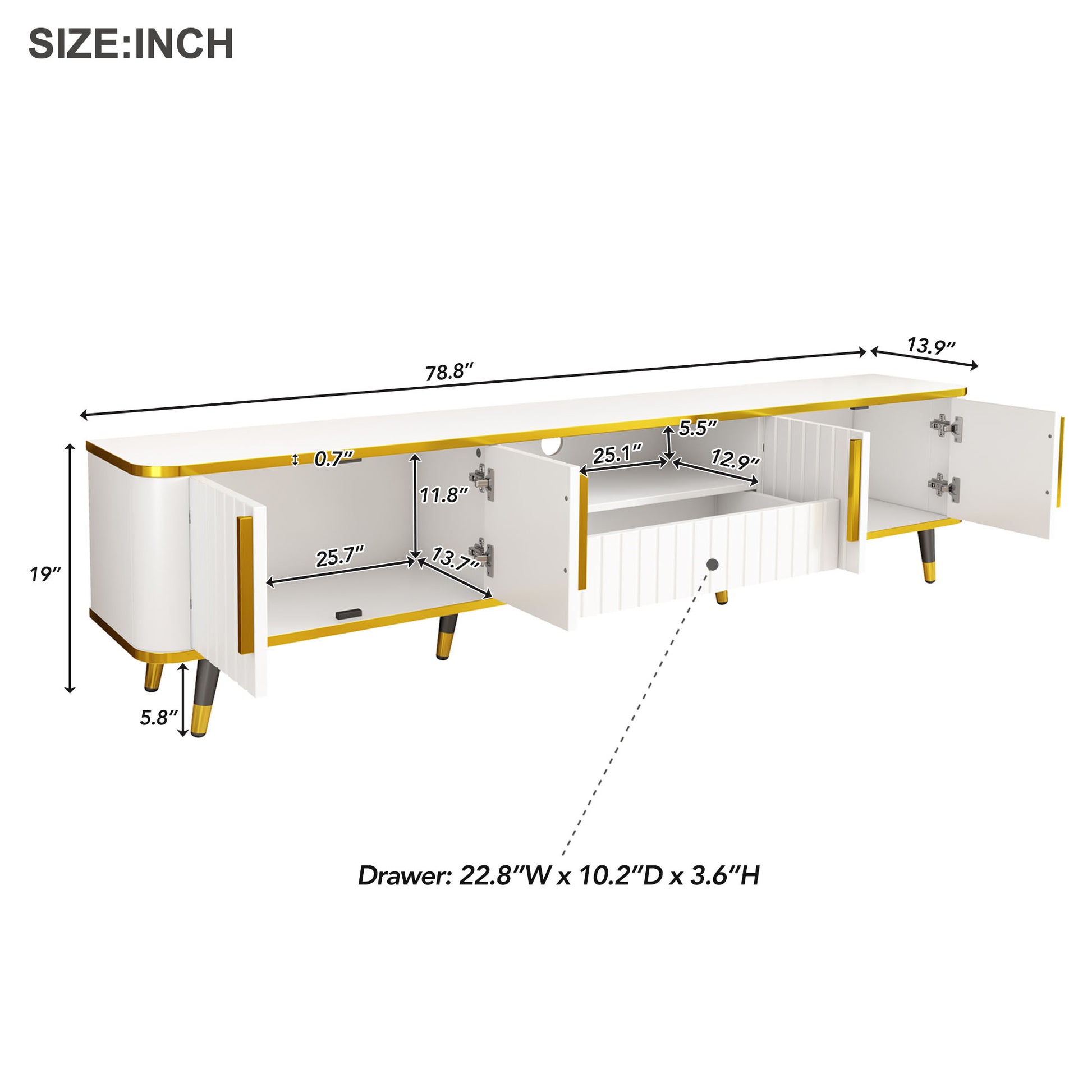 Luxury Minimalism Tv Stand With Open Storage Shelf For Tvs Up To 85", Entertainment Center With Cabinets And Drawers, Practical Media Console With Unique Legs For Living Room, White White Gold Primary Living Space 80 89 Inches 80 89 Inches 85 Inches