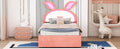 Twin Size Upholstered Platform Bed With Trundle And 3 Drawers, Rabbit Shaped Headboard With Embedded Led Lights, Pink Pink Velvet