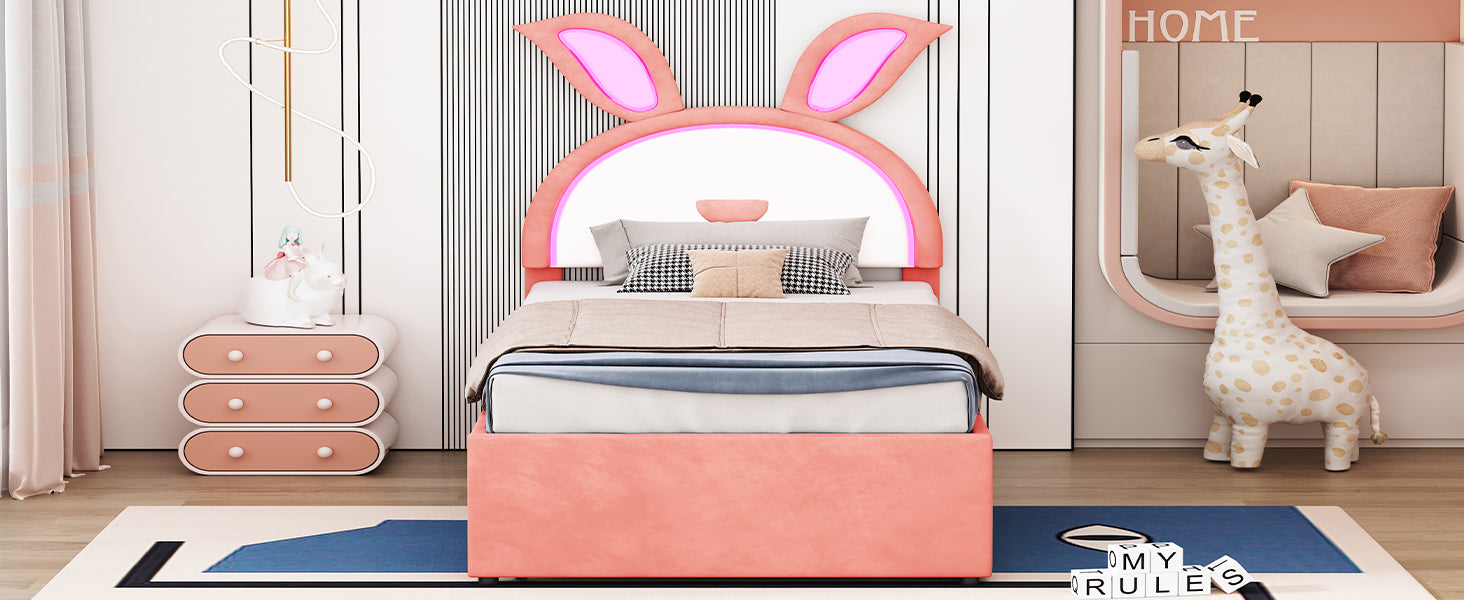 Twin Size Upholstered Platform Bed With Trundle And 3 Drawers, Rabbit Shaped Headboard With Embedded Led Lights, Pink Pink Velvet