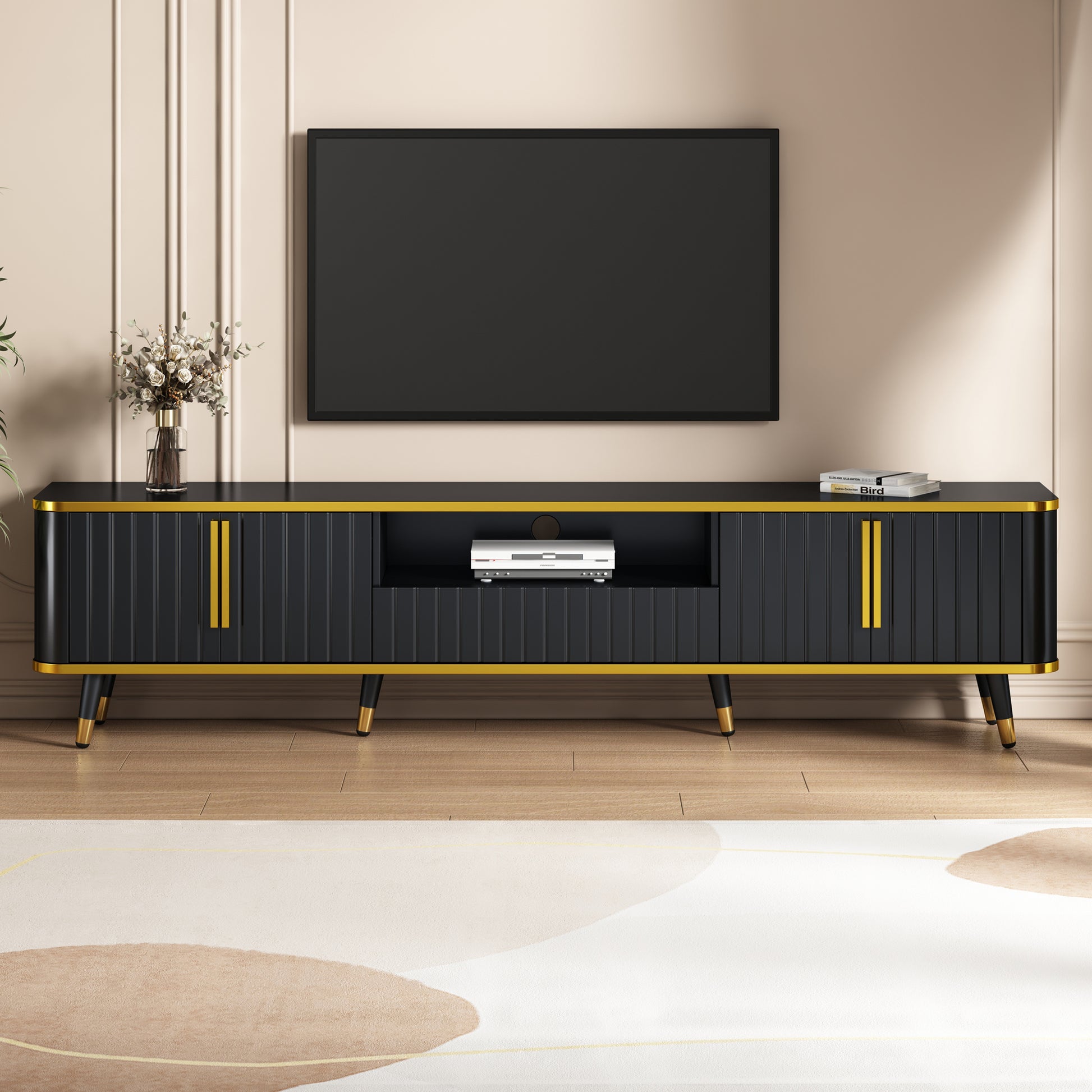 Luxury Minimalism Tv Stand With Open Storage Shelf For Tvs Up To 85", Entertainment Center With Cabinets And Drawers, Practical Media Console With Unique Legs For Living Room, Black Gold Black Primary Living Space 80 89 Inches 80 89 Inches 85 Inches