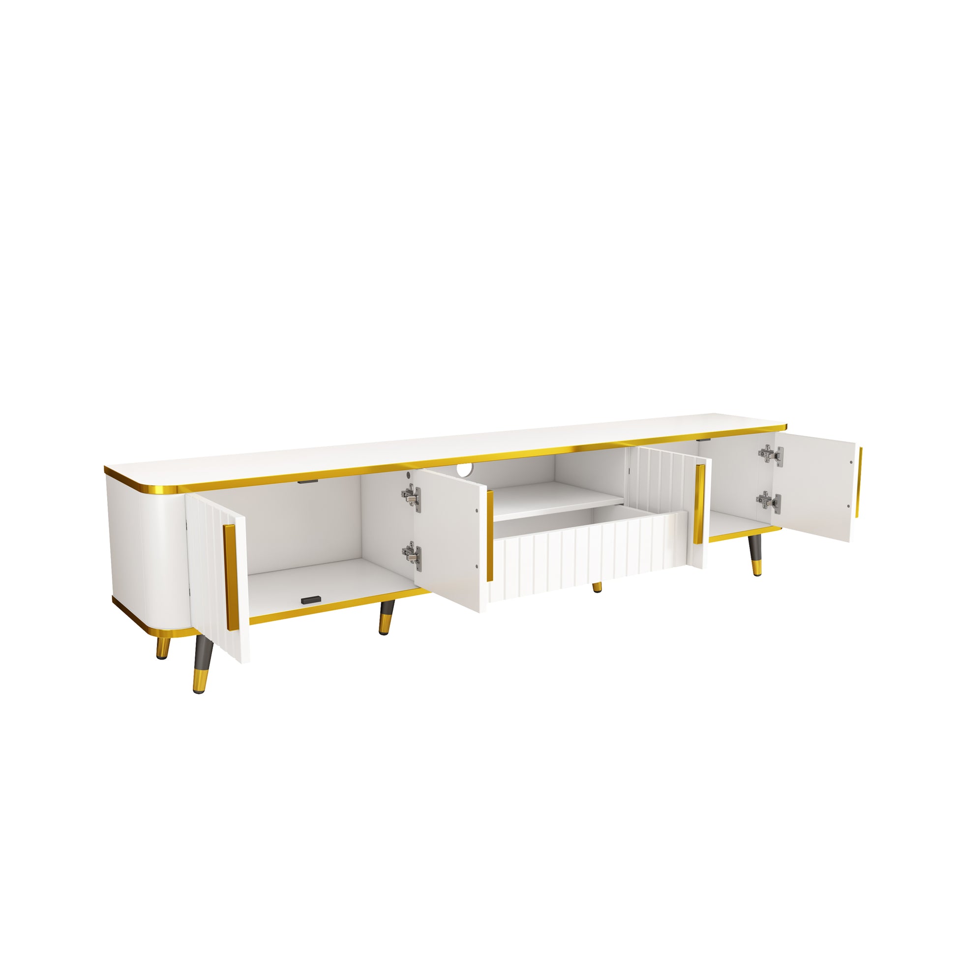 Luxury Minimalism Tv Stand With Open Storage Shelf For Tvs Up To 85", Entertainment Center With Cabinets And Drawers, Practical Media Console With Unique Legs For Living Room, White White Gold Primary Living Space 80 89 Inches 80 89 Inches 85 Inches