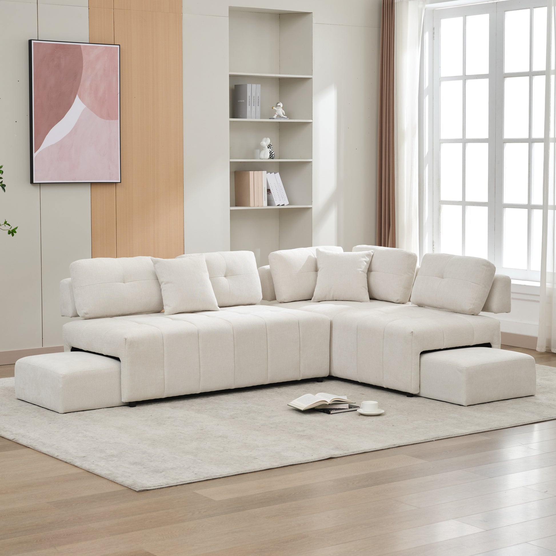 91.73" L Shaped Sofa Sectional Sofa Couch With 2 Stools And 2 Lumbar Pillows For Living Room, Biege Beige Chenille