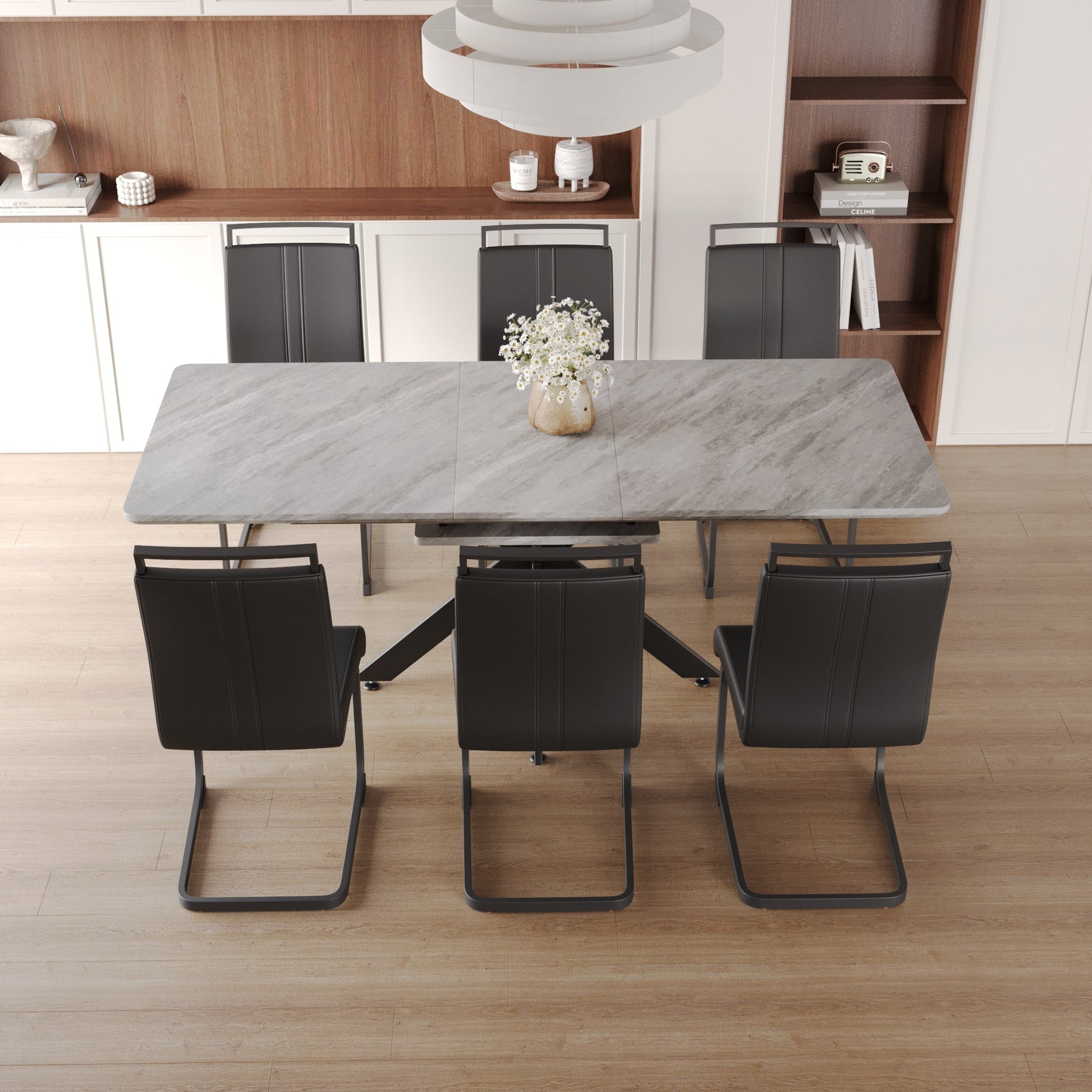 Scalable Dining Table Table Set For 6 8 Person For Dining Room,C Shaped Tube Soft Padded Armless Dining Chairs And Very Large Dining Room Table Kitchen Table Chair Set With Metal Legs Black Gray Mdf Metal