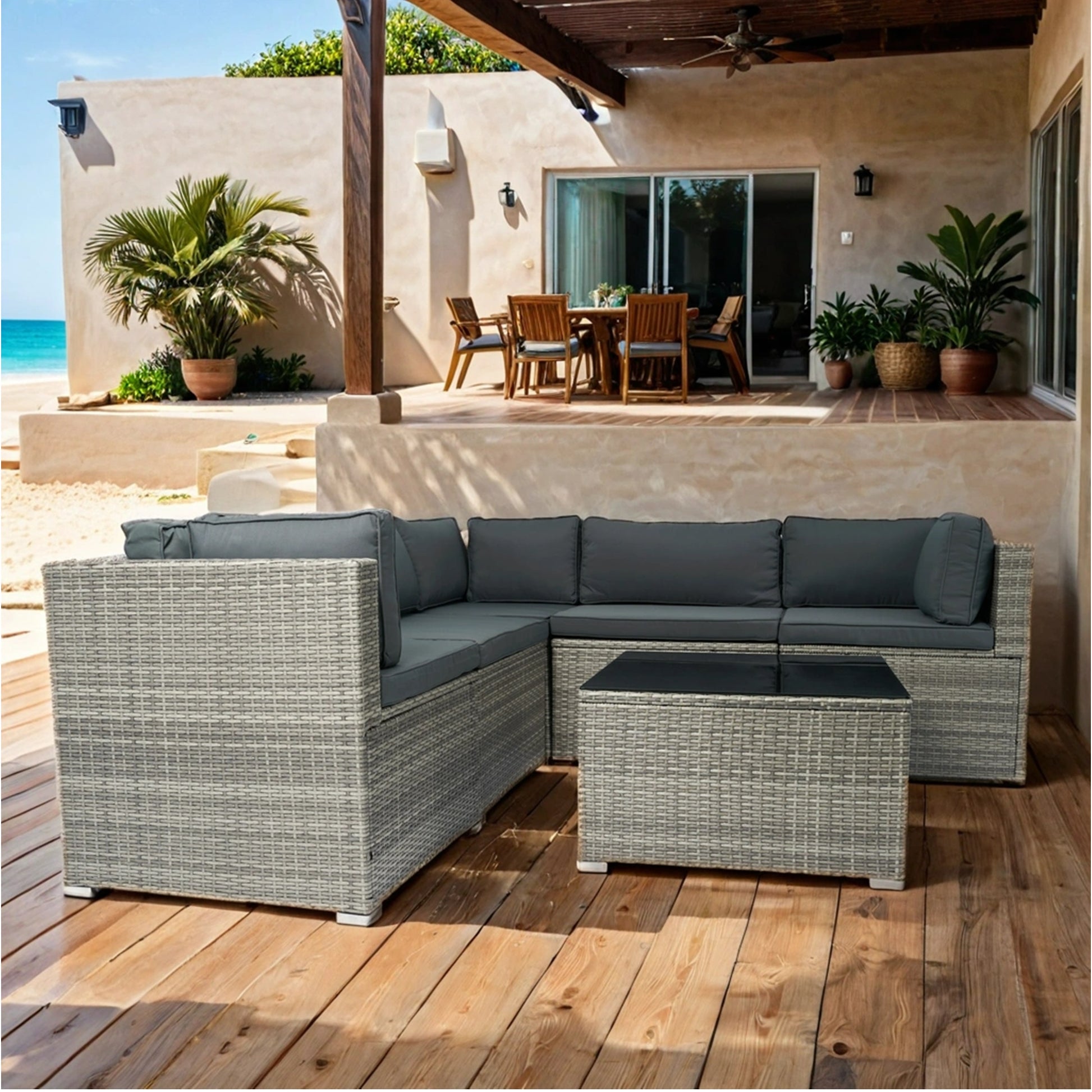 6 Pieces Pe Rattan Sectional Outdoor Furniture Cushioned Sofa Set Grey Wicker, Dark Grey Cushion Yes Complete Patio Set Grey Weather Resistant Frame Mildew Resistant Cushion Garden & Outdoor Classic Complete Patio Sets Fiber Foam Pads Pe Rattan Iron