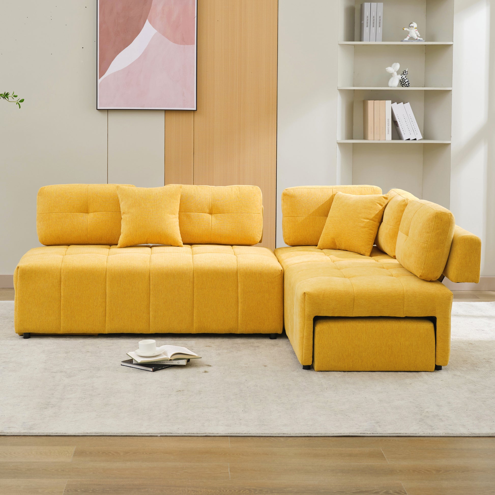 91.73" L Shaped Sofa Sectional Sofa Couch With 2 Stools And 2 Lumbar Pillows For Living Room, Yellow Yellow Chenille