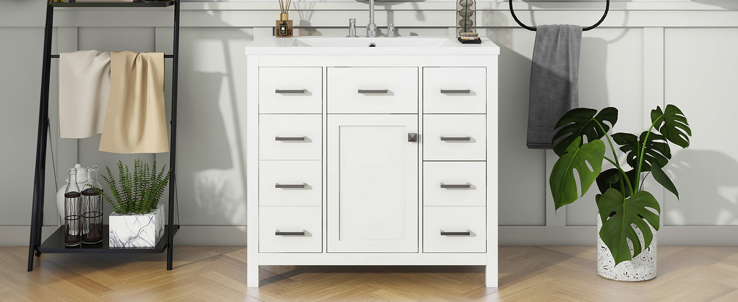 36 Inch Modern Bathroom Vanity Cabinet With Multifunctional Storage Space 5 Drawers And 1 Door White Solid Wood Mdf Resin