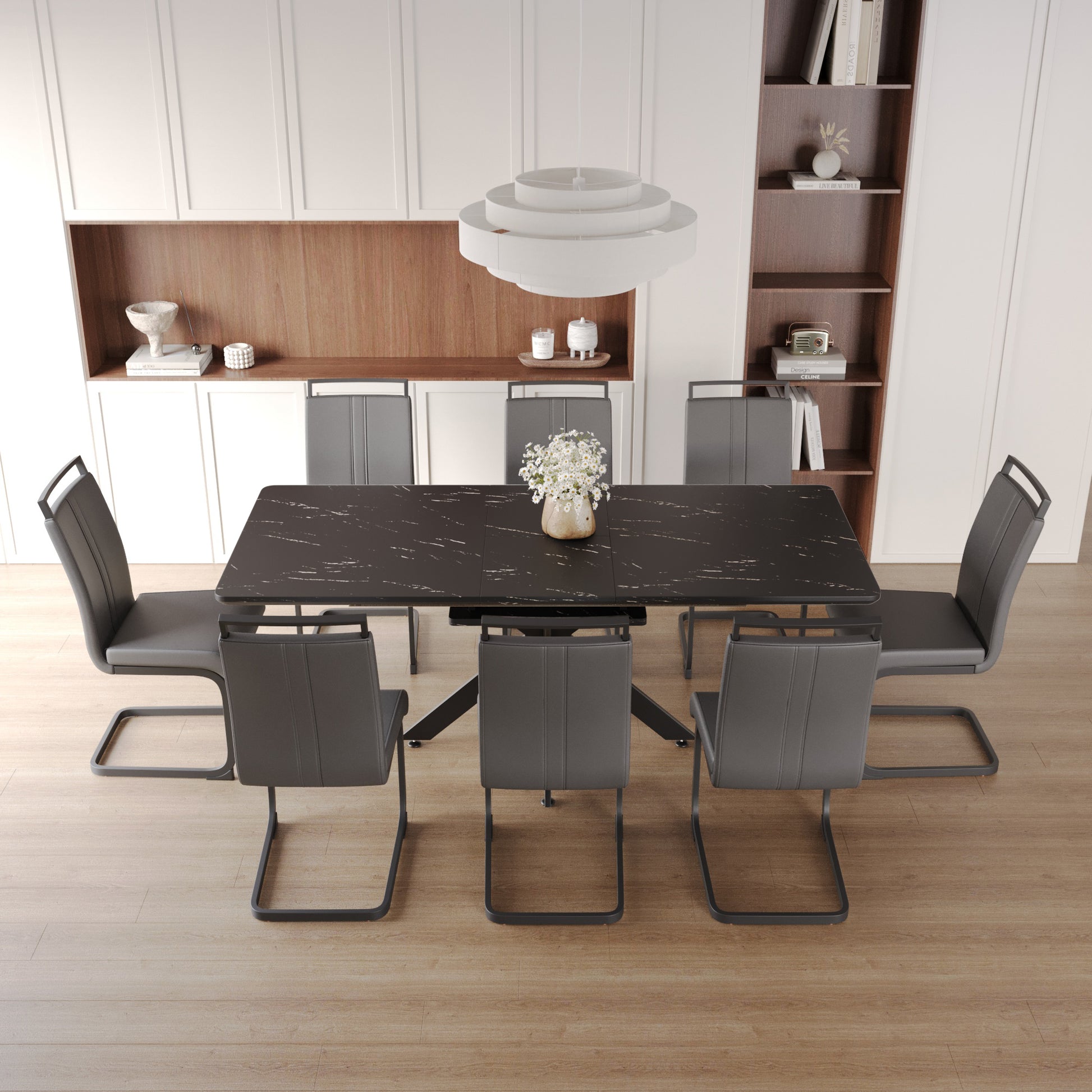 Extendable Dining Table Table Set For 6 8 Person For Dining Room,C Shaped Tube Soft Padded Armless Dining Chairs And Very Large Dining Room Table Kitchen Table Chair Set With Metal Legs Black Gray Mdf Metal