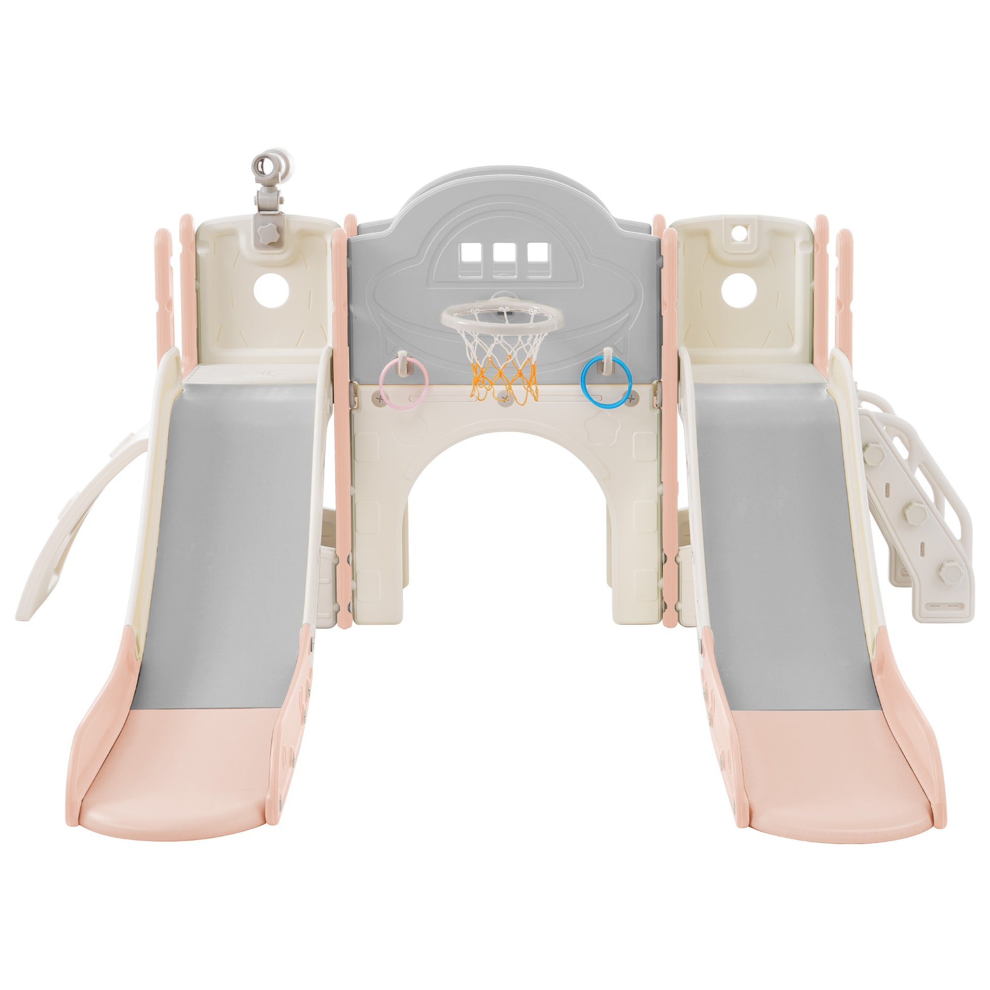 Kids Slide Playset Structure 7 In 1, Freestanding Space Set With Slide, Arch Tunnel, Ring Toss And Basketball Hoop,Double Slides For Toddlers, Kids Climbers Playground Pink Grey Hdpe