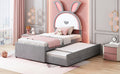 Twin Size Upholstered Platform Bed With Trundle And 3 Drawers, Rabbit Shaped Headboard With Embedded Led Lights, Gray Gray Velvet