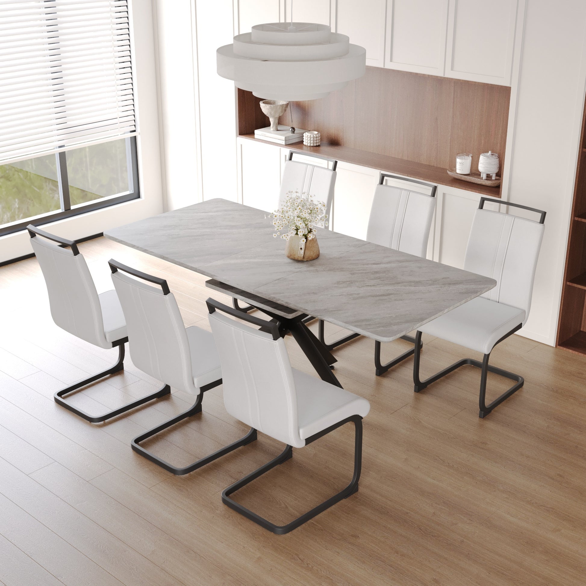 Scalable Dining Table Table Set For 6 8 Person For Dining Room,C Shaped Tube Soft Padded Armless Dining Chairs And Very Large Dining Room Table Kitchen Table Chair Set With Metal Legs Grey White Mdf Metal