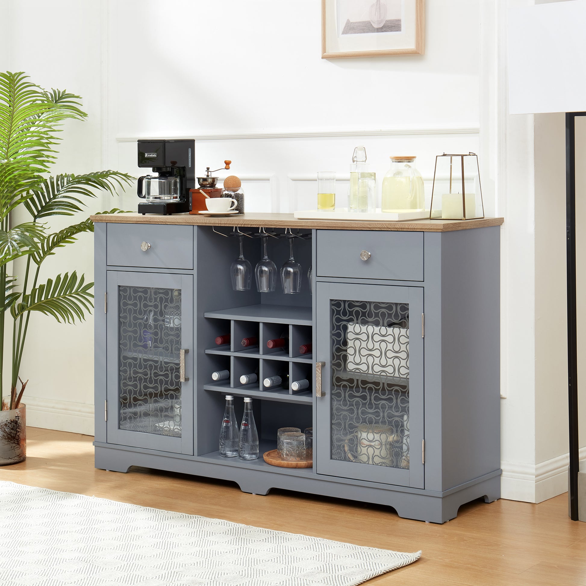 Modern Farmhouse Buffet Cabinet, Sideboard With 2 Drawers And Elegant Glass Door Cabinets, Wine And Glass Rack, Coffee Bar For Kitchen, Dining Room, Light Blue And Light Oak, 56.46"W*15.55"D*35.74"H Light Blue Mdf