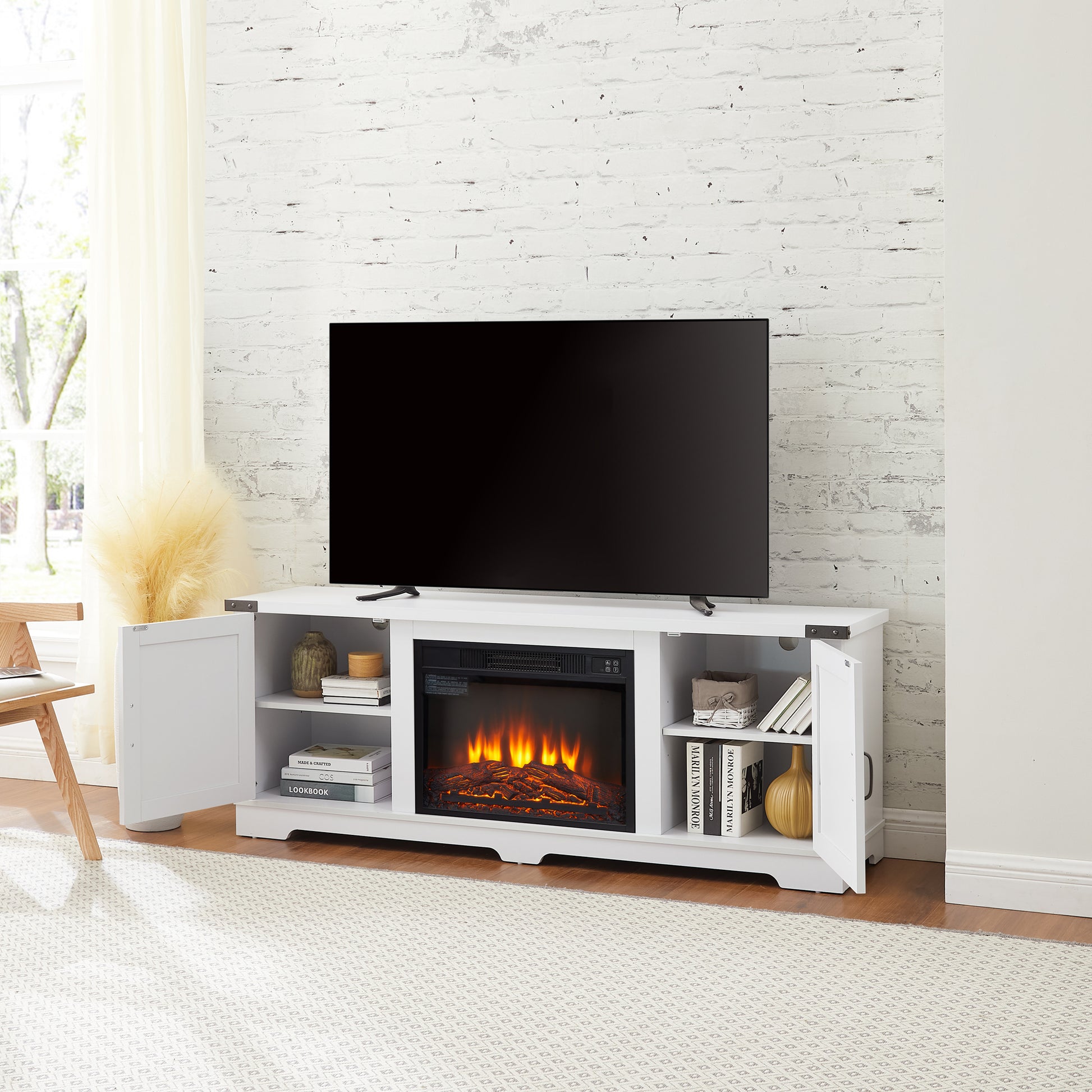 Modern Farmhouse Tv Media Stand, Large Barn Inspired Home Entertainment Console, With 23" Fireplace Insert, For Tv Up To 70'', With Open Shelves And Closed Cabinets, White, 64.8"W*15.67"D*24.29"H White 60 69 Inches 70 Inches Mdf