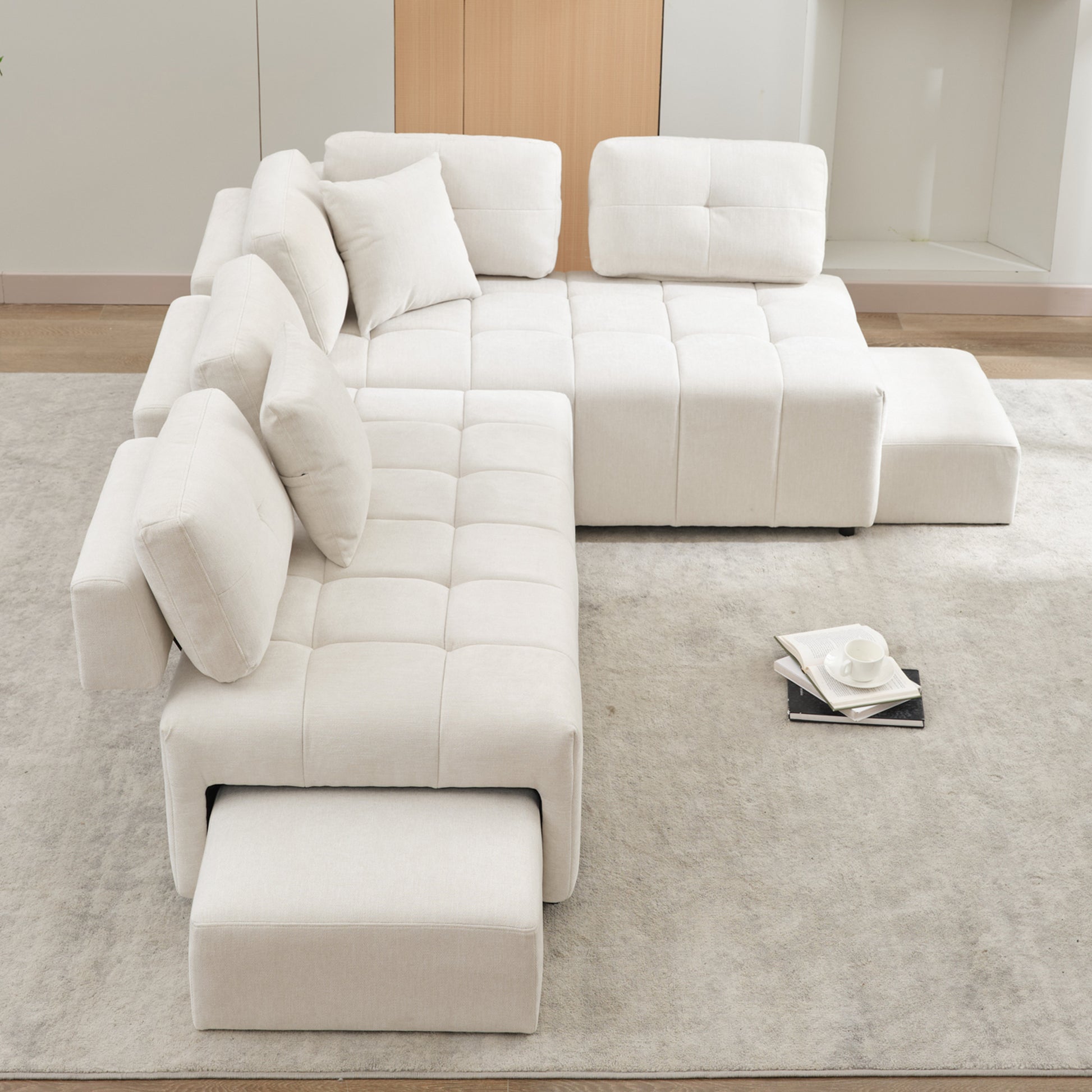 91.73" L Shaped Sofa Sectional Sofa Couch With 2 Stools And 2 Lumbar Pillows For Living Room, Biege Beige Chenille