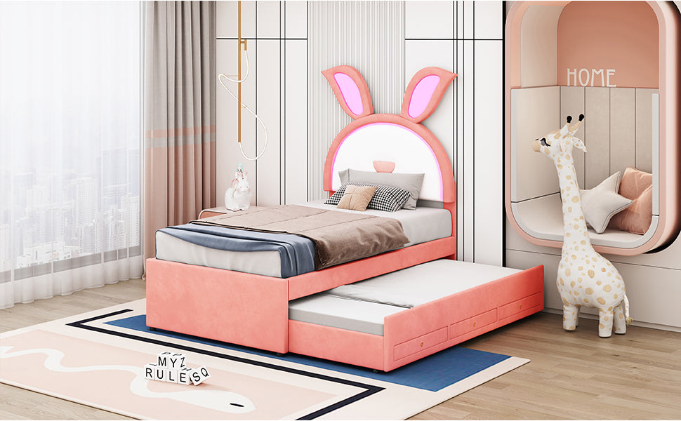 Twin Size Upholstered Platform Bed With Trundle And 3 Drawers, Rabbit Shaped Headboard With Embedded Led Lights, Pink Pink Velvet