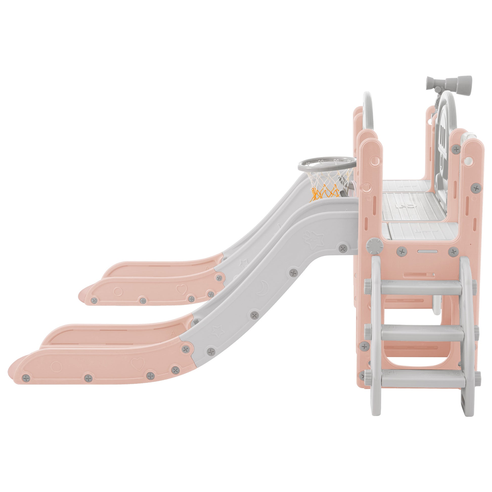 Kids Slide Playset Structure 7 In 1, Freestanding Space Set With Slide, Arch Tunnel, Ring Toss And Basketball Hoop,Double Slides For Toddlers, Kids Climbers Playground Pink Grey Hdpe