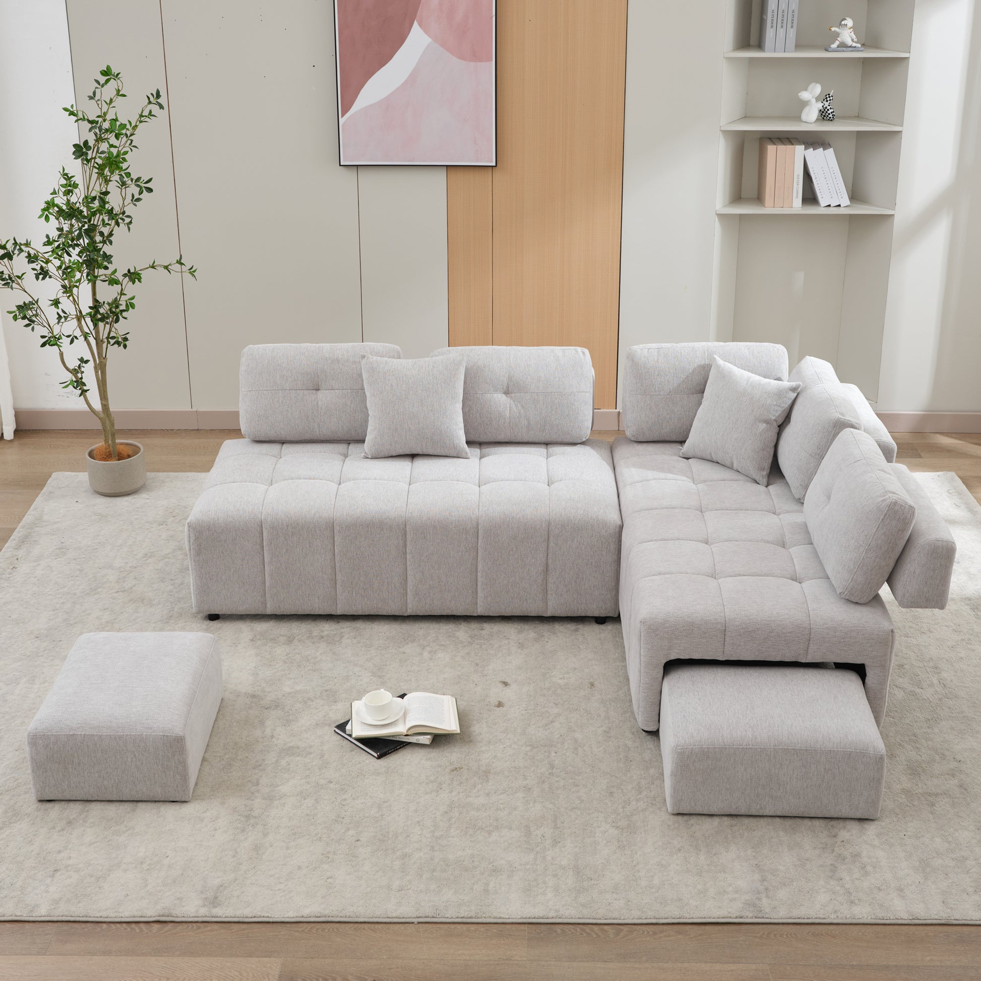 91.73" L Shaped Sofa Sectional Sofa Couch With 2 Stools And 2 Lumbar Pillows For Living Room, Light Grey Light Grey Chenille