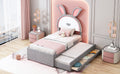 Twin Size Upholstered Platform Bed With Trundle And 3 Drawers, Rabbit Shaped Headboard With Embedded Led Lights, Gray Gray Velvet