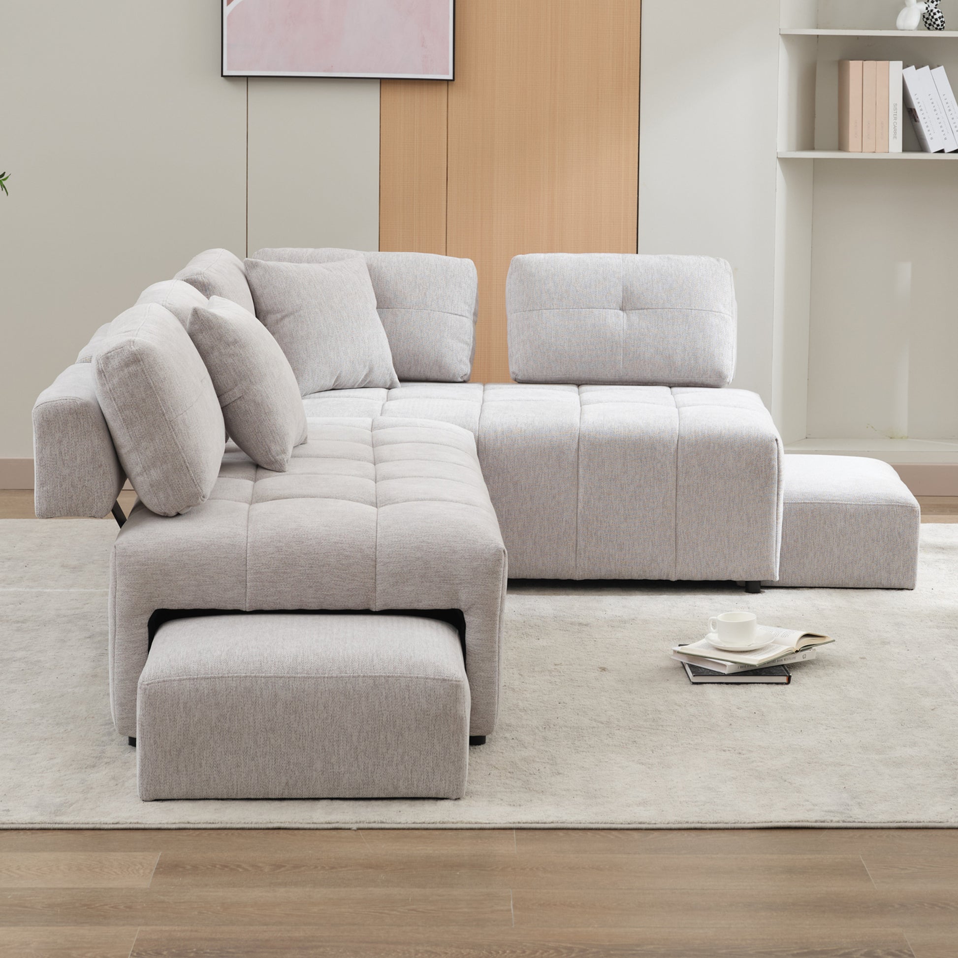 91.73" L Shaped Sofa Sectional Sofa Couch With 2 Stools And 2 Lumbar Pillows For Living Room, Light Grey Light Grey Chenille