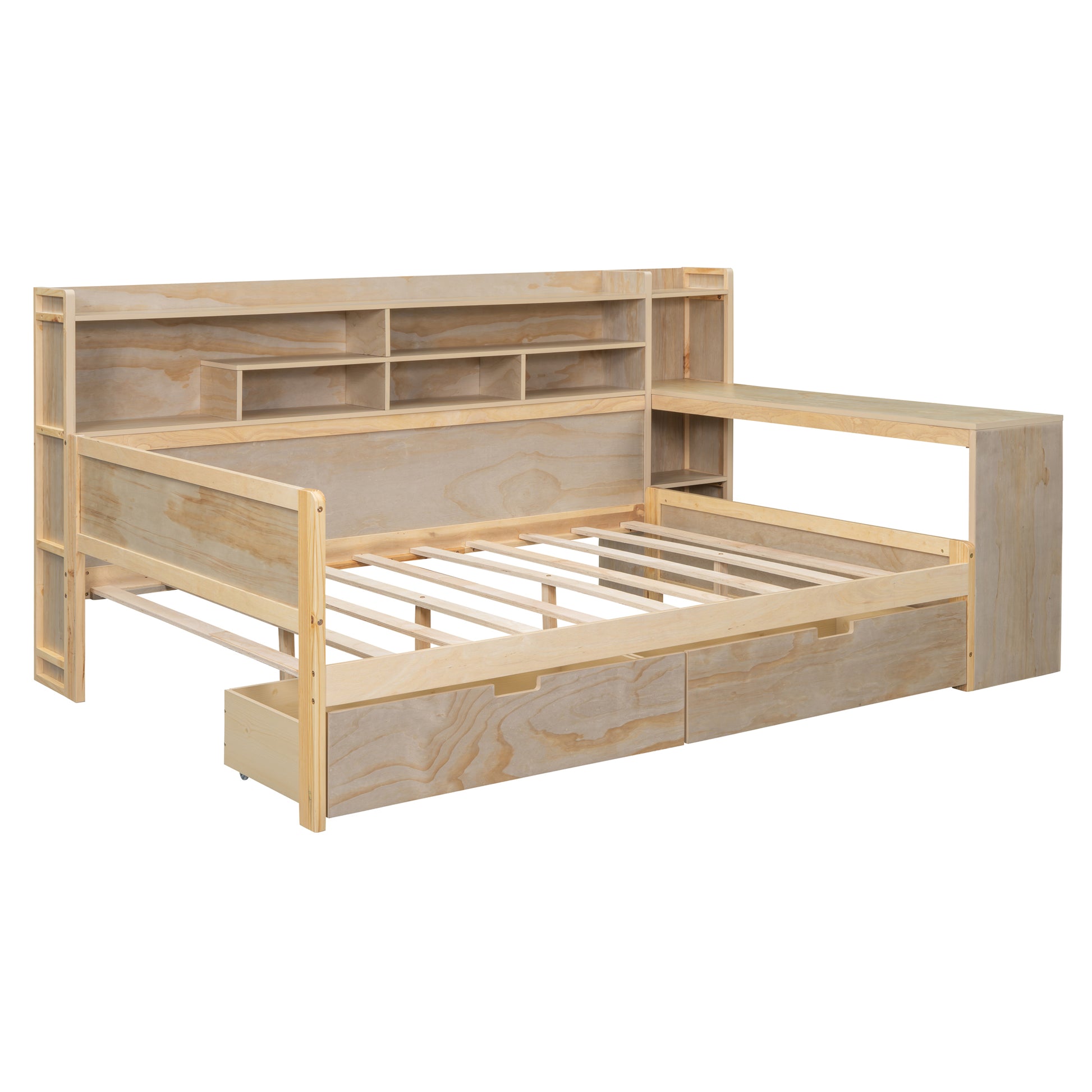 Wooden Full Size Daybed With Storage Shelves, Multi Functional Bed With Two Storage Drawers And Study Desk, Natural Full Natural Wood