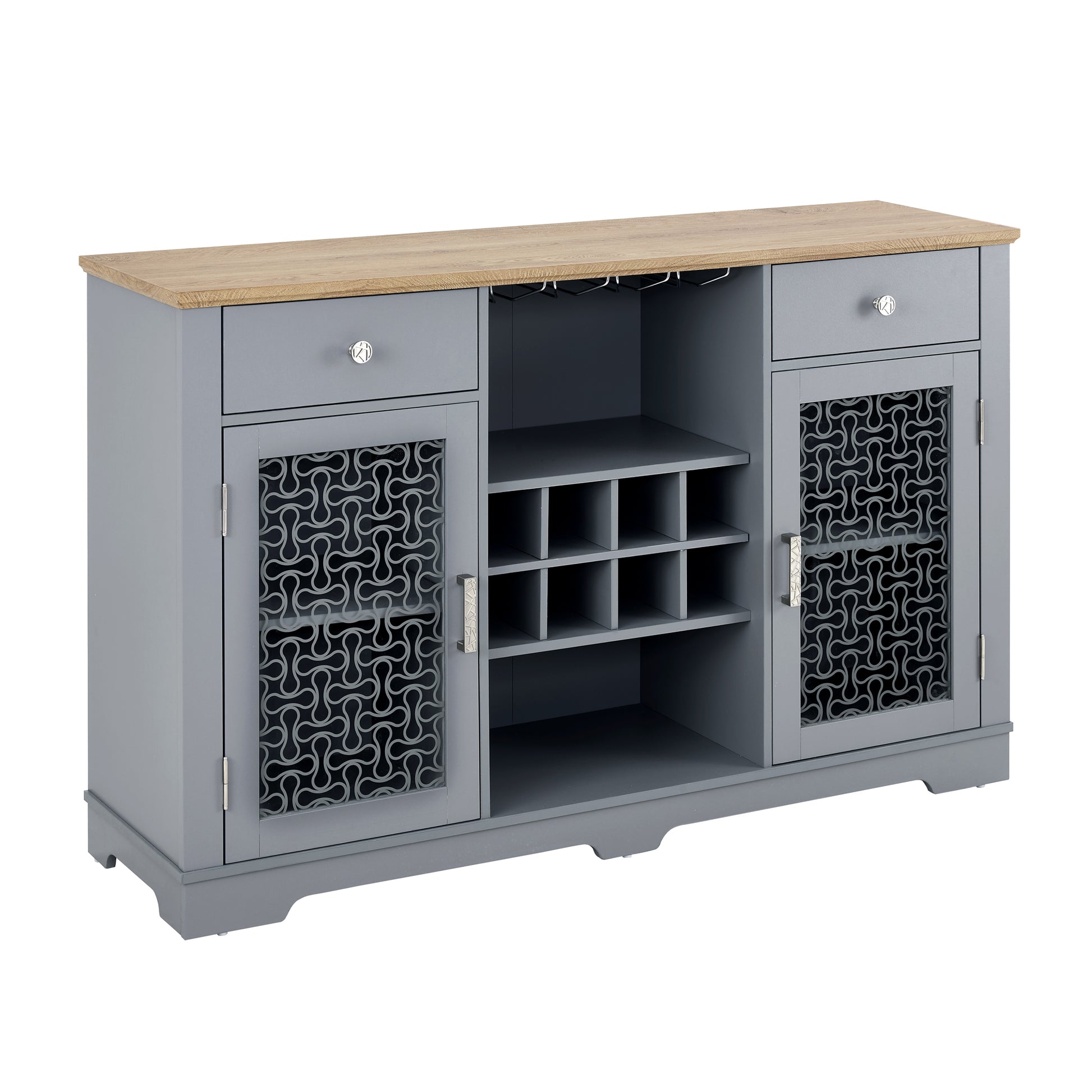 Modern Farmhouse Buffet Cabinet, Sideboard With 2 Drawers And Elegant Glass Door Cabinets, Wine And Glass Rack, Coffee Bar For Kitchen, Dining Room, Light Blue And Light Oak, 56.46"W*15.55"D*35.74"H Light Blue Mdf