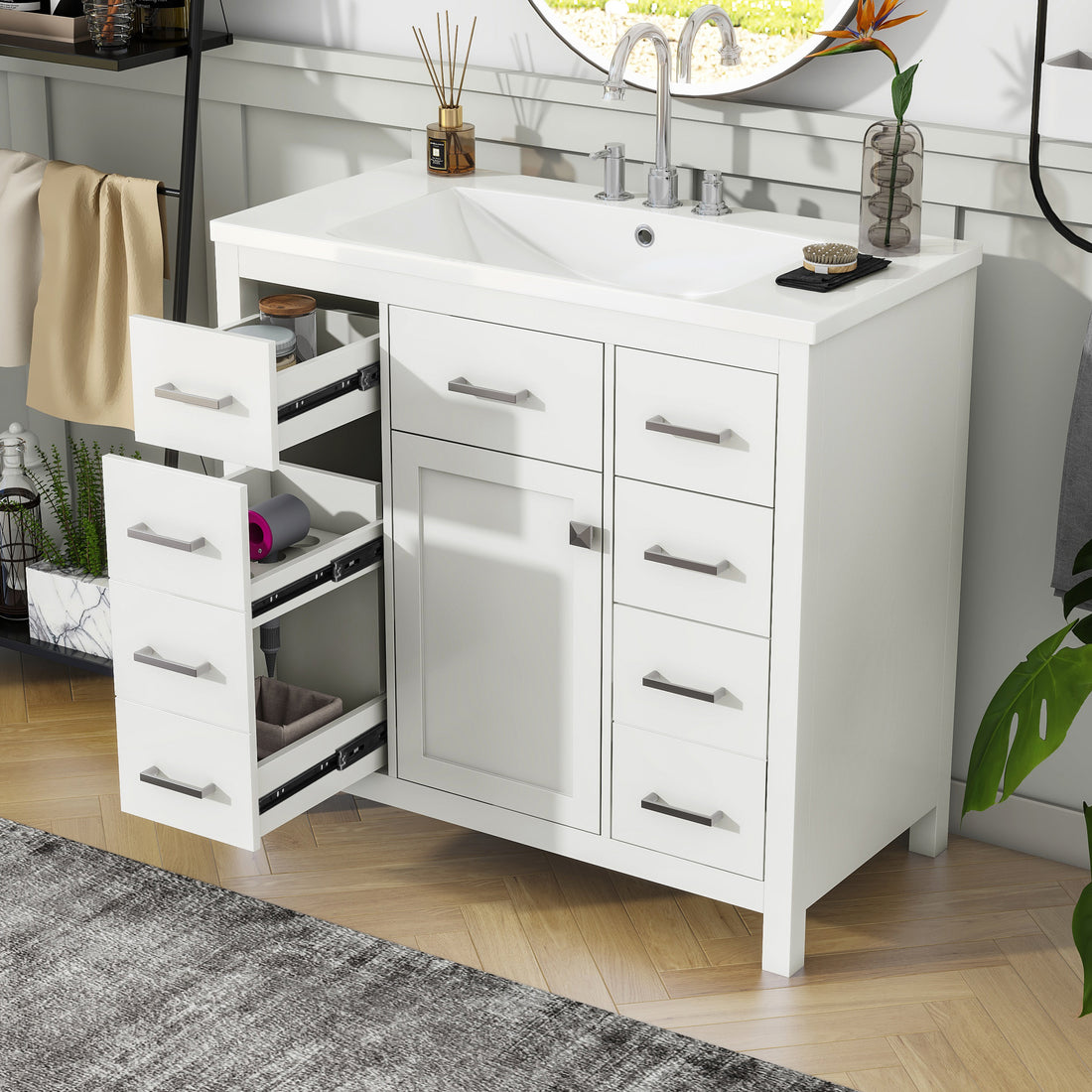 36 Inch Modern Bathroom Vanity Cabinet With Multifunctional Storage Space 5 Drawers And 1 Door White Solid Wood Mdf Resin