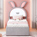 Twin Size Upholstered Platform Bed With Trundle And 3 Drawers, Rabbit Shaped Headboard With Embedded Led Lights, Gray Gray Velvet