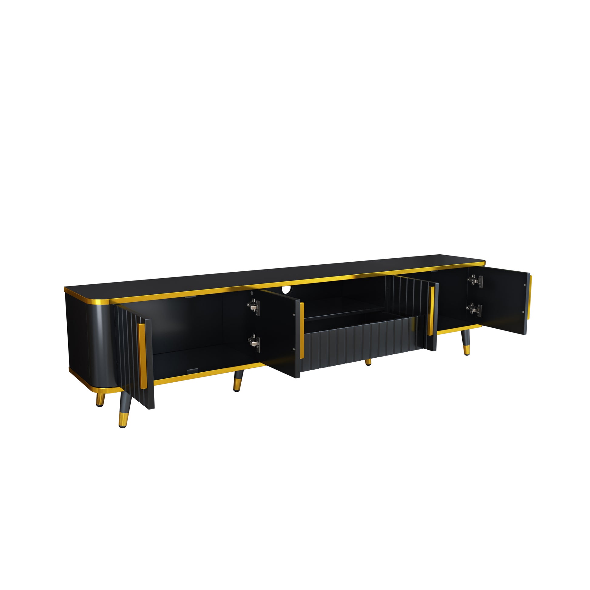 Luxury Minimalism Tv Stand With Open Storage Shelf For Tvs Up To 85", Entertainment Center With Cabinets And Drawers, Practical Media Console With Unique Legs For Living Room, Black Gold Black Primary Living Space 80 89 Inches 80 89 Inches 85 Inches