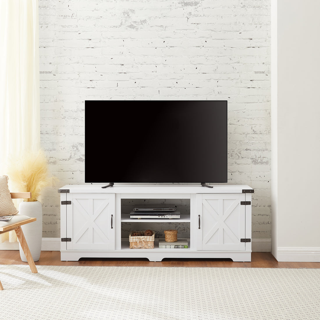 Modern Farmhouse Tv Media Stand, Large Barn Inspired Home Entertainment Console, For Tv Up To 70'', With Open Shelves And Closed Cabinets, White, 64.8"W*15.67"D*24.29"H White 60 69 Inches 70 Inches Mdf