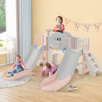 Kids Slide Playset Structure 7 In 1, Freestanding Space Set With Slide, Arch Tunnel, Ring Toss And Basketball Hoop,Double Slides For Toddlers, Kids Climbers Playground Pink Grey Hdpe