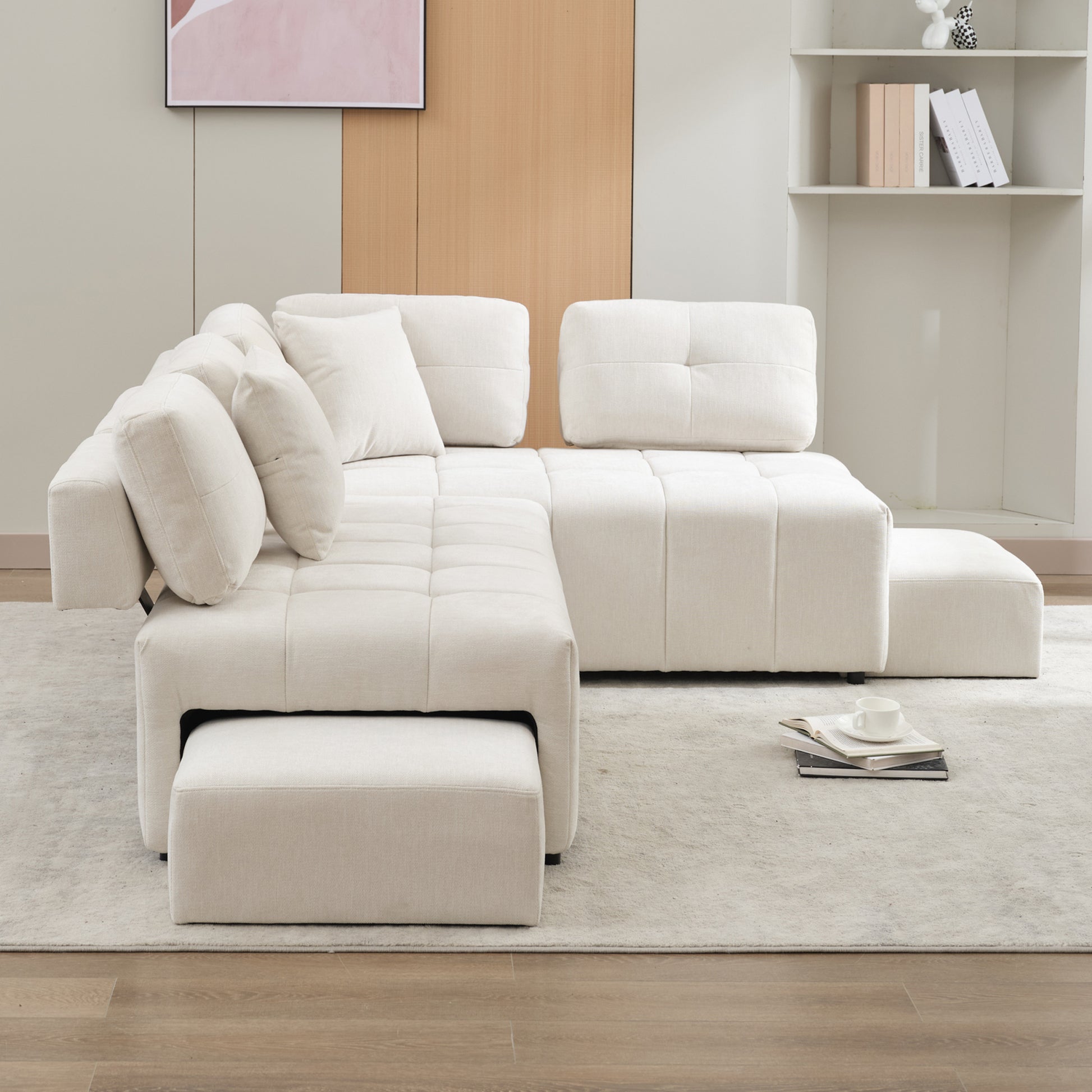 91.73" L Shaped Sofa Sectional Sofa Couch With 2 Stools And 2 Lumbar Pillows For Living Room, Biege Beige Chenille