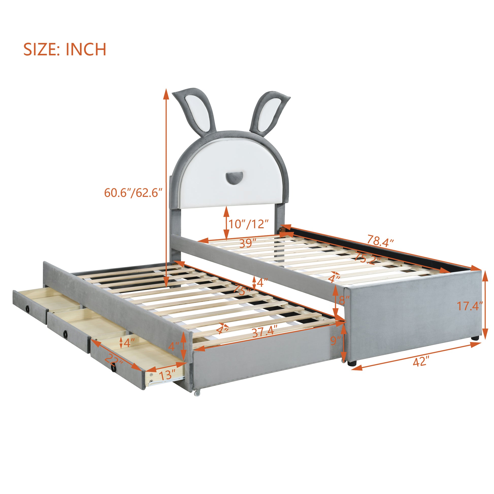 Twin Size Upholstered Platform Bed With Trundle And 3 Drawers, Rabbit Shaped Headboard With Embedded Led Lights, Gray Gray Velvet