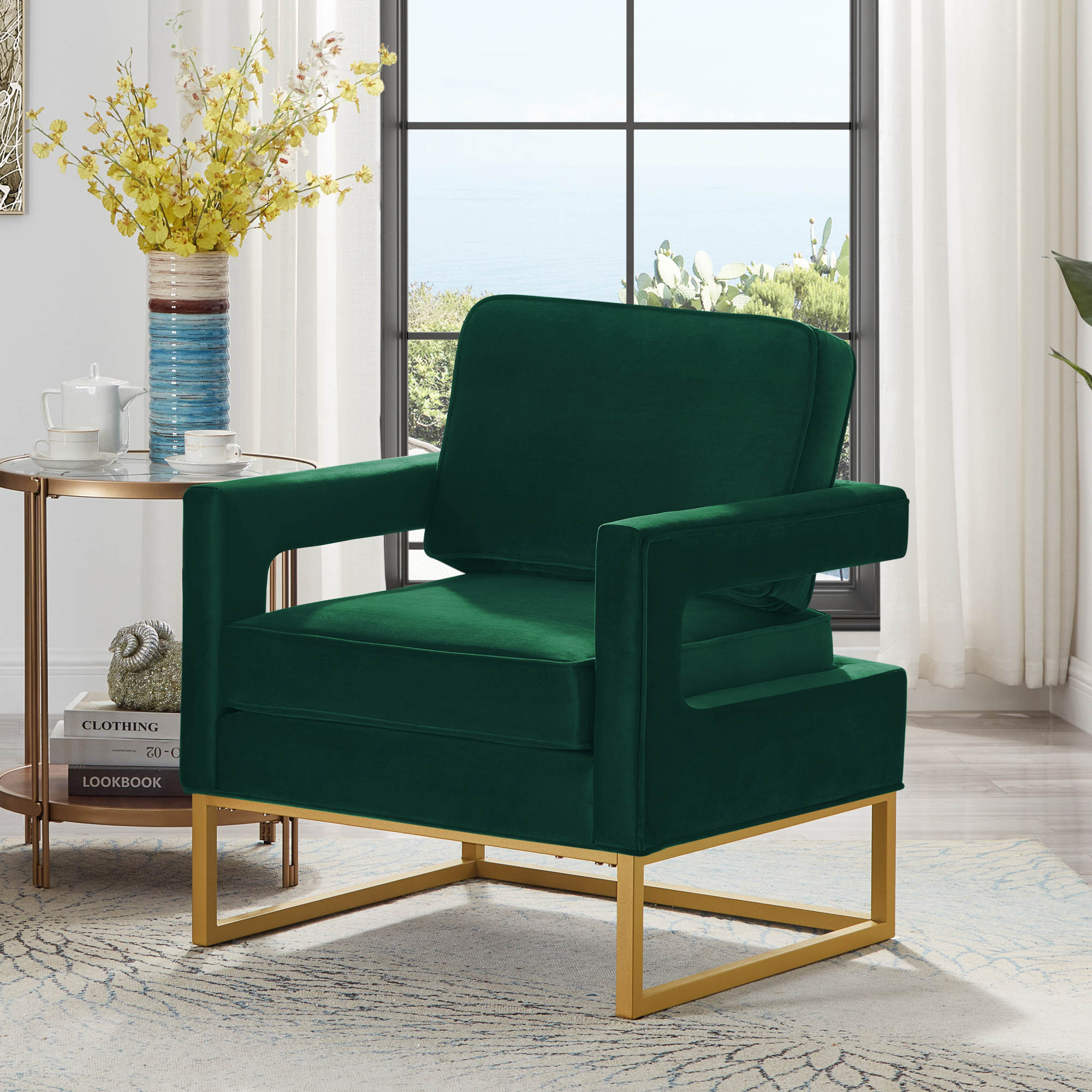 Modern Style Accent Chair With Gold Metal Basevelvet Upholstered Leisure Chair With Open Armrest, Armchair, Jade Emerald Primary Living Space Modern Foam Velvet