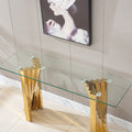 Tempered Glass Top Console Table With Gold Mirror Finish Stainless Steel Base Gold Tempered Glass