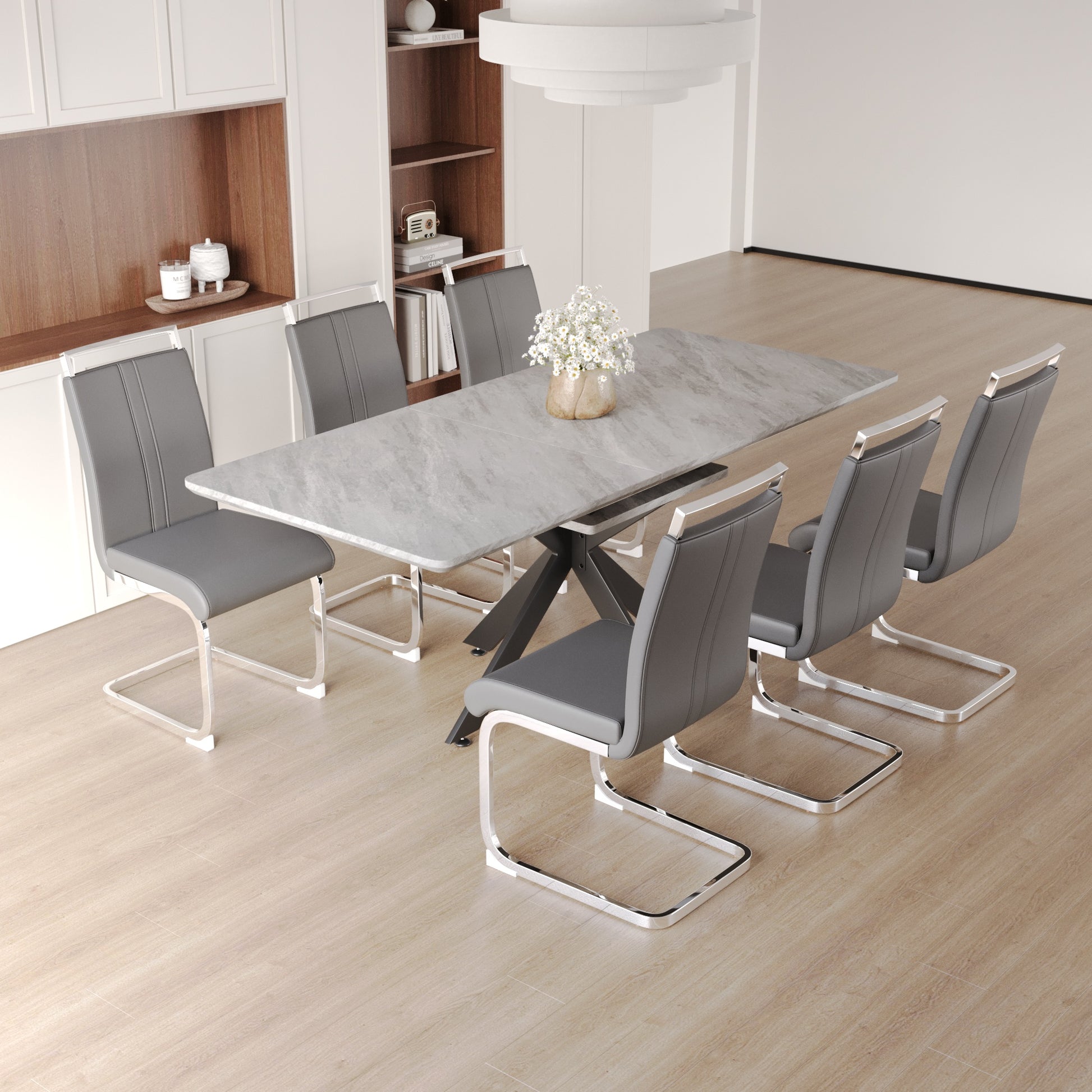 62.4" Extendable 78.15" Dining Table Set For 6 8 Person For Dining Room,C Shaped Tube Soft Padded Armless Dining Chair And Very Large Dining Room Table Kitchen Table Chair Set With Metal Legs Grey