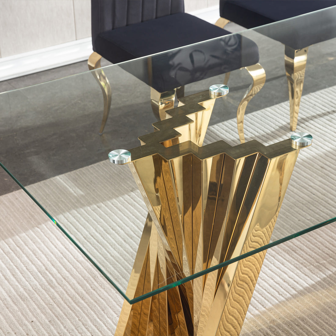 Tempered Glass Top Dining Table With Gold Mirror Finish Stainless Steel Base Gold Tempered Glass