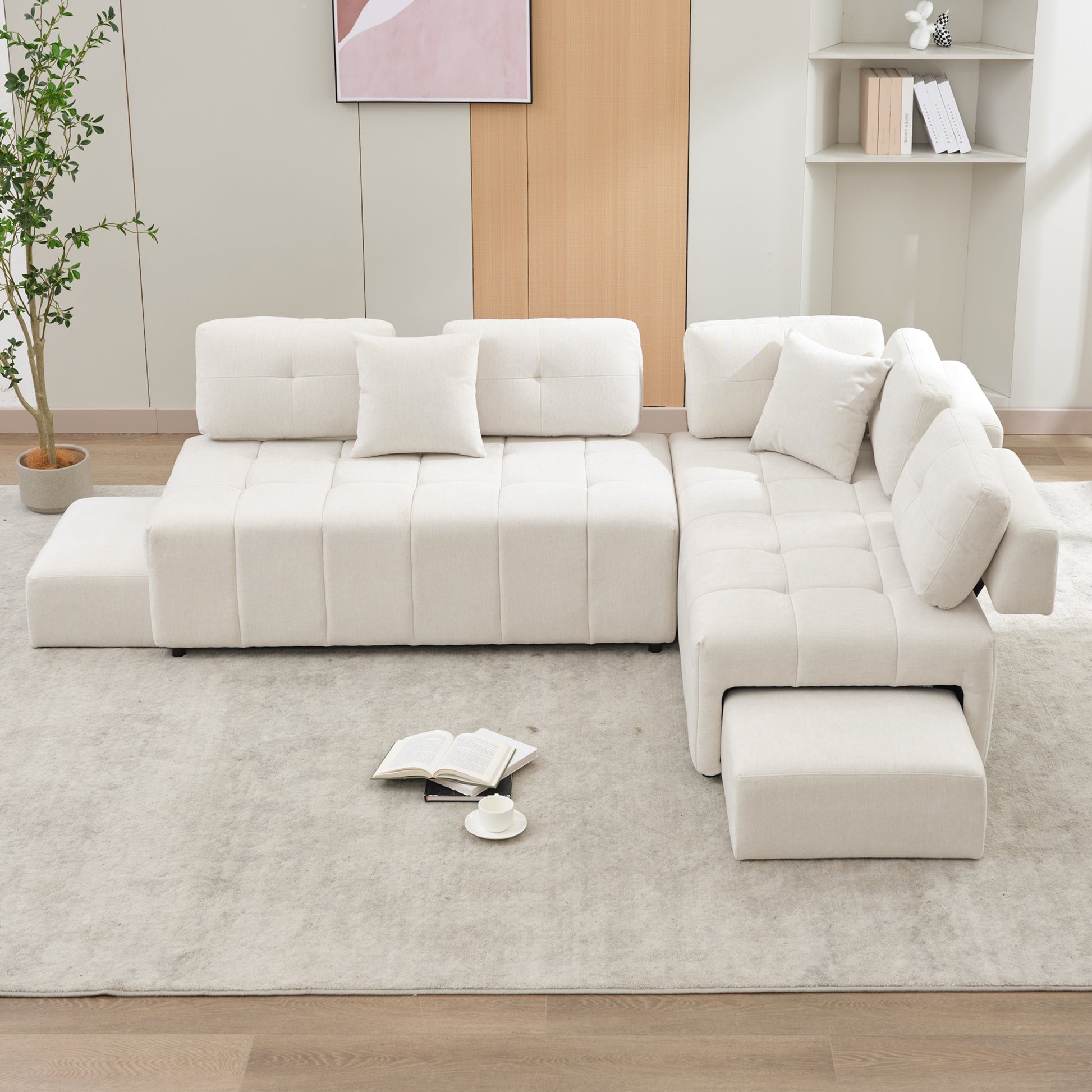 91.73" L Shaped Sofa Sectional Sofa Couch With 2 Stools And 2 Lumbar Pillows For Living Room, Biege Beige Chenille