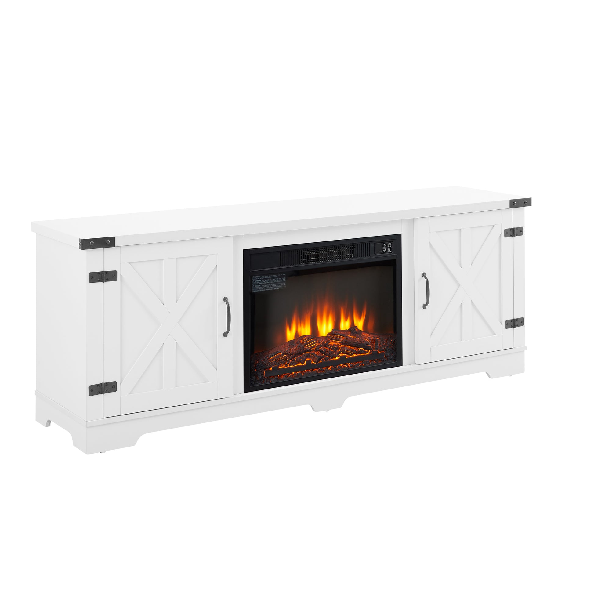 Modern Farmhouse Tv Media Stand, Large Barn Inspired Home Entertainment Console, With 23" Fireplace Insert, For Tv Up To 70'', With Open Shelves And Closed Cabinets, White, 64.8"W*15.67"D*24.29"H White 60 69 Inches 70 Inches Mdf