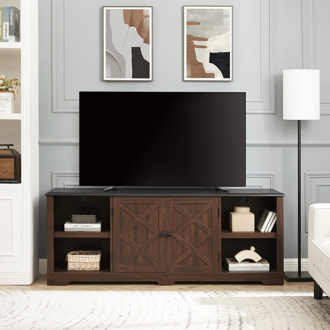 Modern Farmhouse Tv Media Stand, Large Barn Inspired Home Entertainment Console, For Tv Up To 80'', With Open Shelves And Closed Cabinets, Espresso And Black, 70"W*15.55"D*26.89"H Espresso 70 79 Inches 80 Inches Mdf