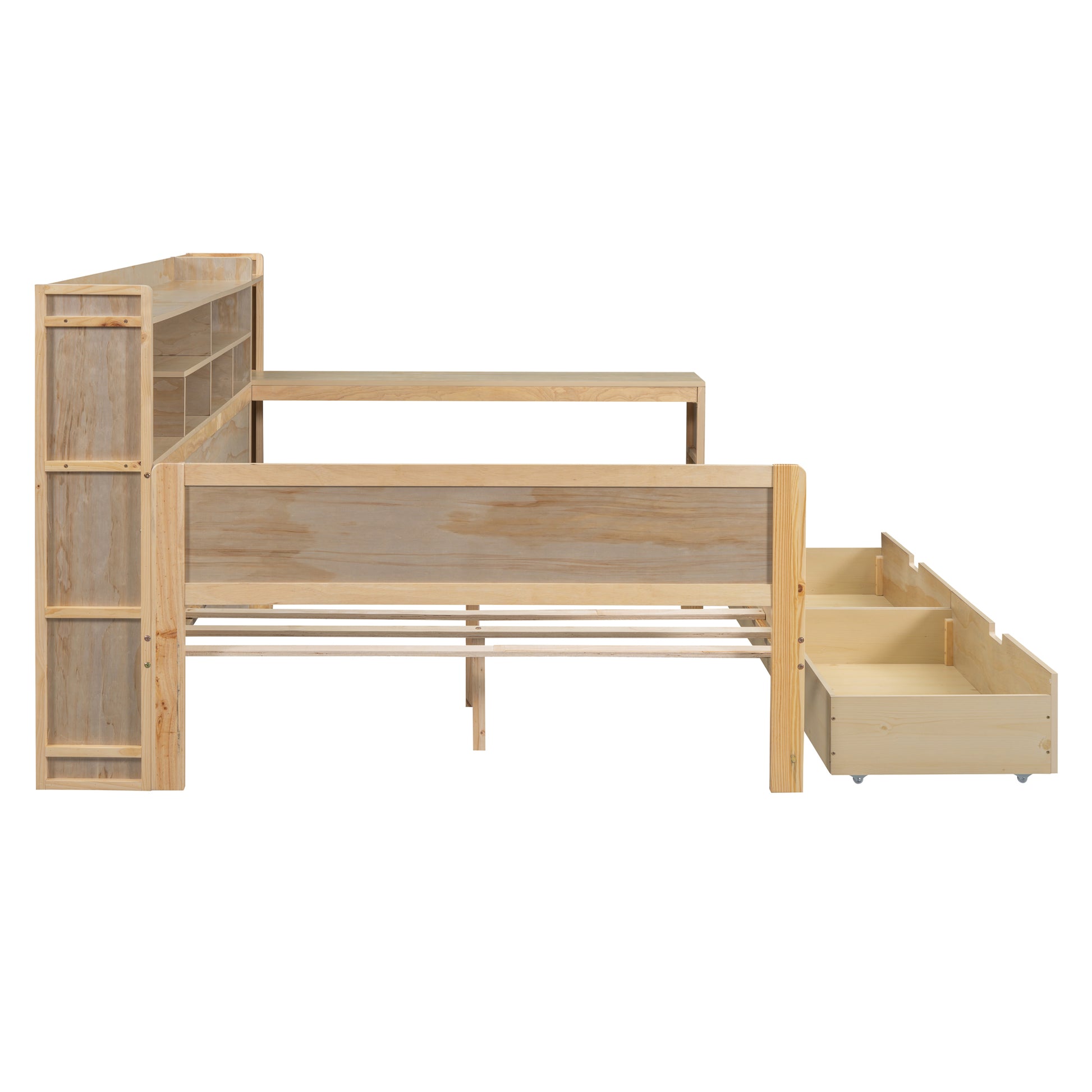 Wooden Full Size Daybed With Storage Shelves, Multi Functional Bed With Two Storage Drawers And Study Desk, Natural Full Natural Wood