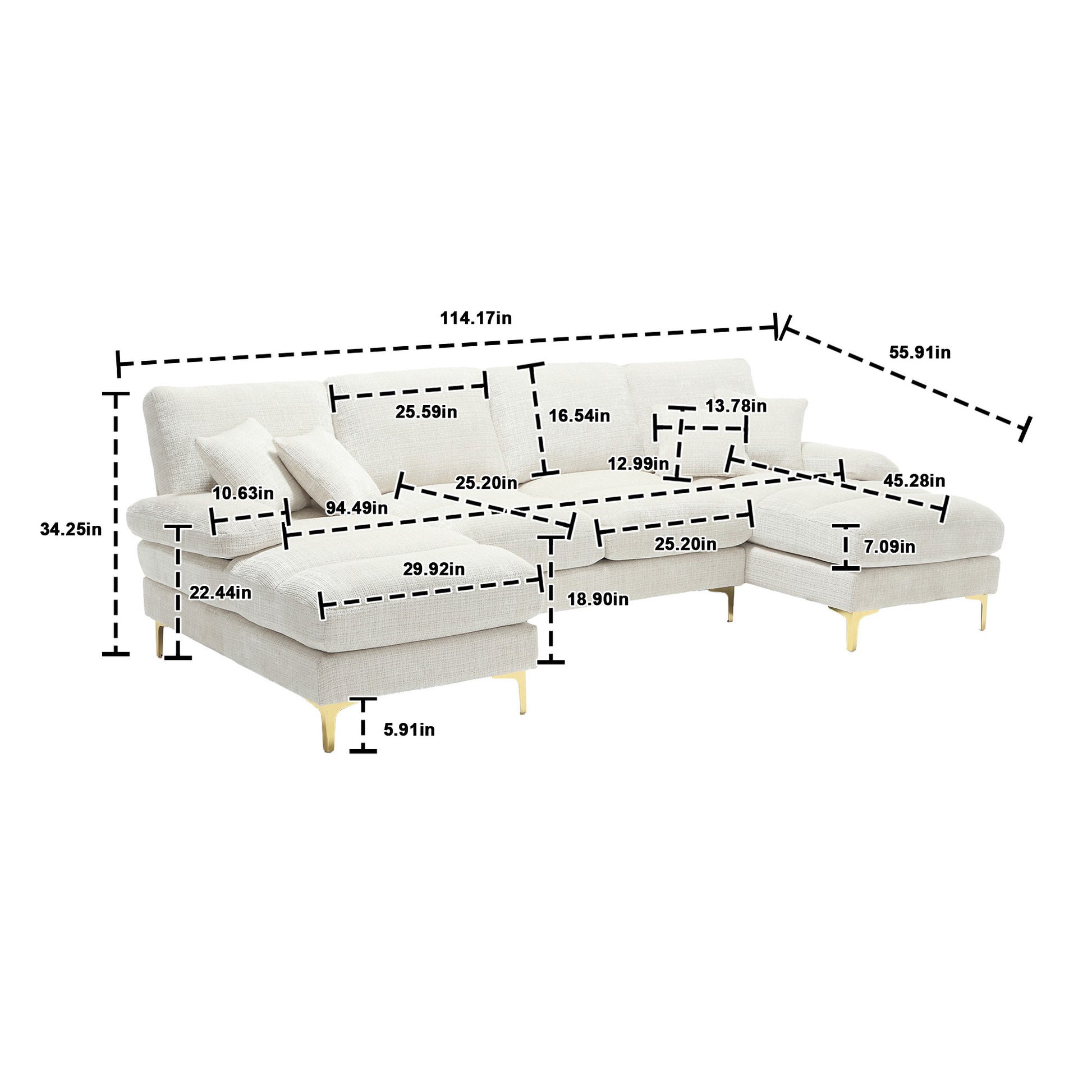 United Modern Large Chenille Fabric U Shape Sectional Sofa Beige Chenille