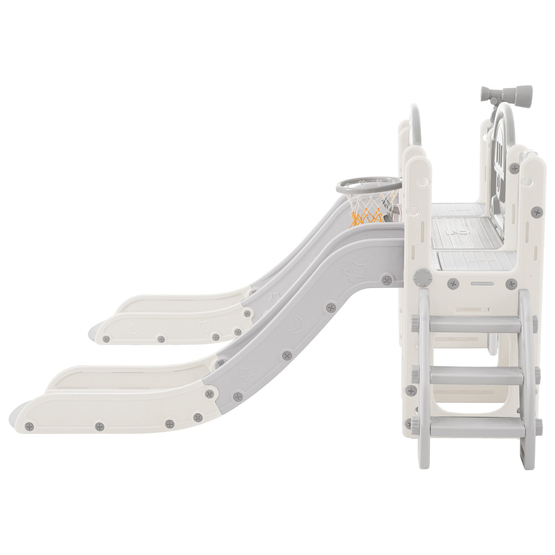 Kids Slide Playset Structure 7 In 1, Freestanding Space Set With Slide, Arch Tunnel, Ring Toss And Basketball Hoop,Double Slides For Toddlers, Kids Climbers Playground Grey White Hdpe