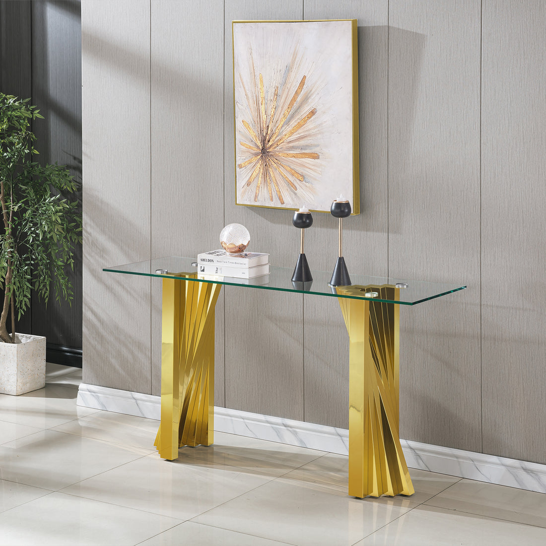 Tempered Glass Top Console Table With Gold Mirror Finish Stainless Steel Base Gold Tempered Glass