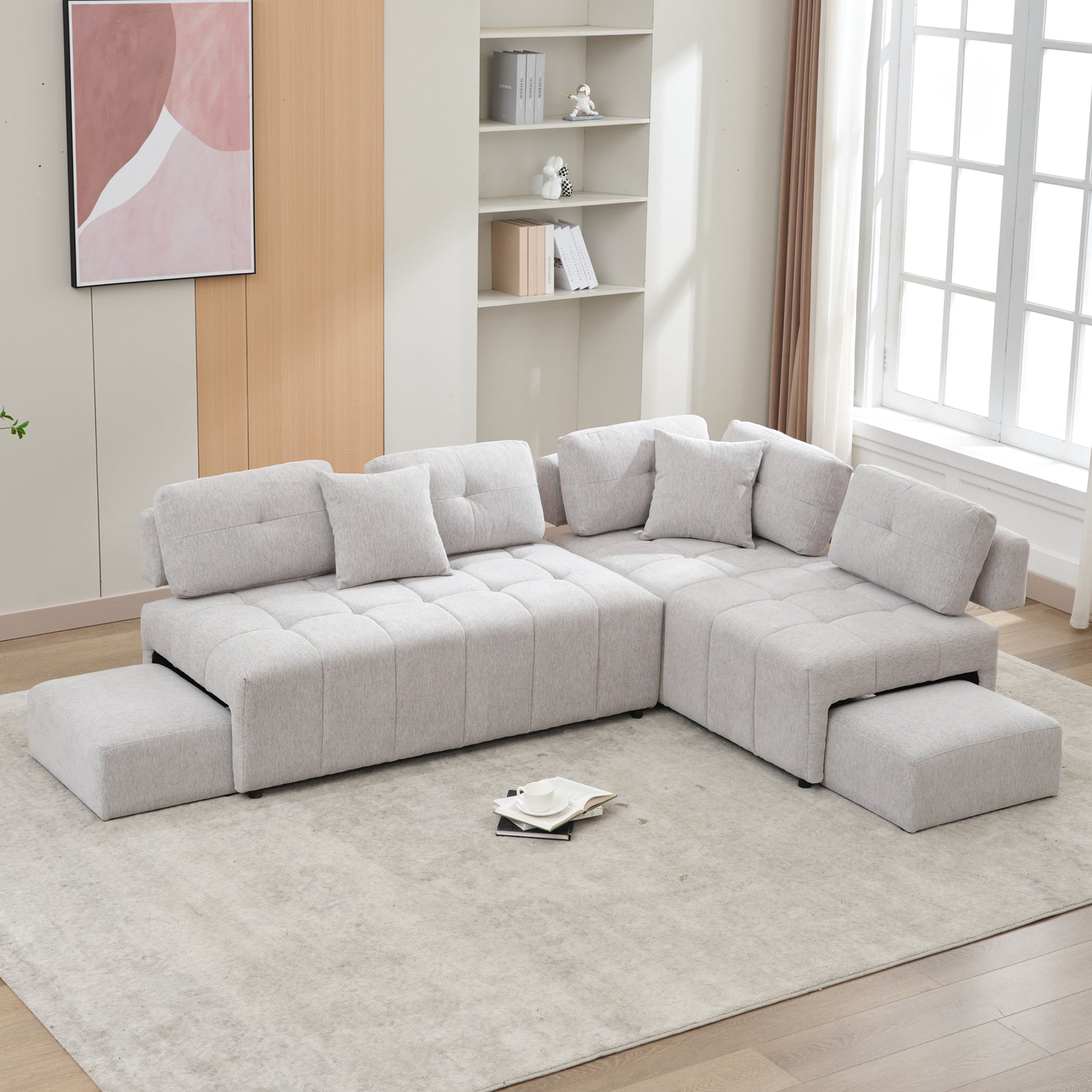 91.73" L Shaped Sofa Sectional Sofa Couch With 2 Stools And 2 Lumbar Pillows For Living Room, Light Grey Light Grey Chenille