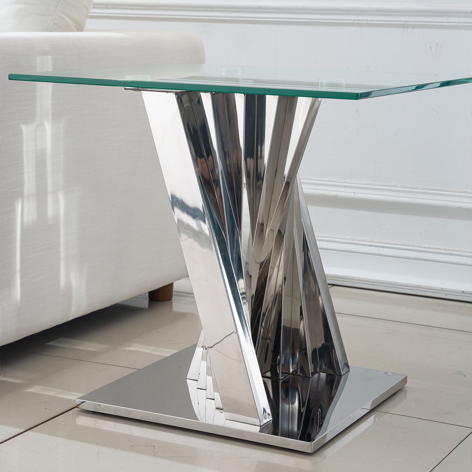 Tempered Glass Top End Table With Silver Mirror Finish Stainless Steel Base Silver Tempered Glass