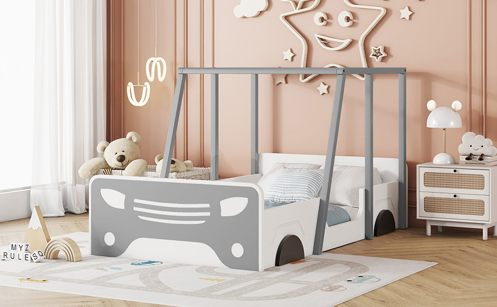 Twin Size Car Shaped Bed With Roof,Wooden Twin Floor Bed With Wheels And Door Design,Montessori Inspired Bedroom,Grey Twin Grey American Design Pine