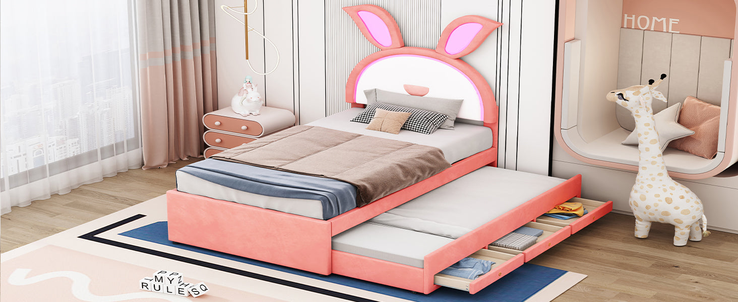 Twin Size Upholstered Platform Bed With Trundle And 3 Drawers, Rabbit Shaped Headboard With Embedded Led Lights, Pink Pink Velvet